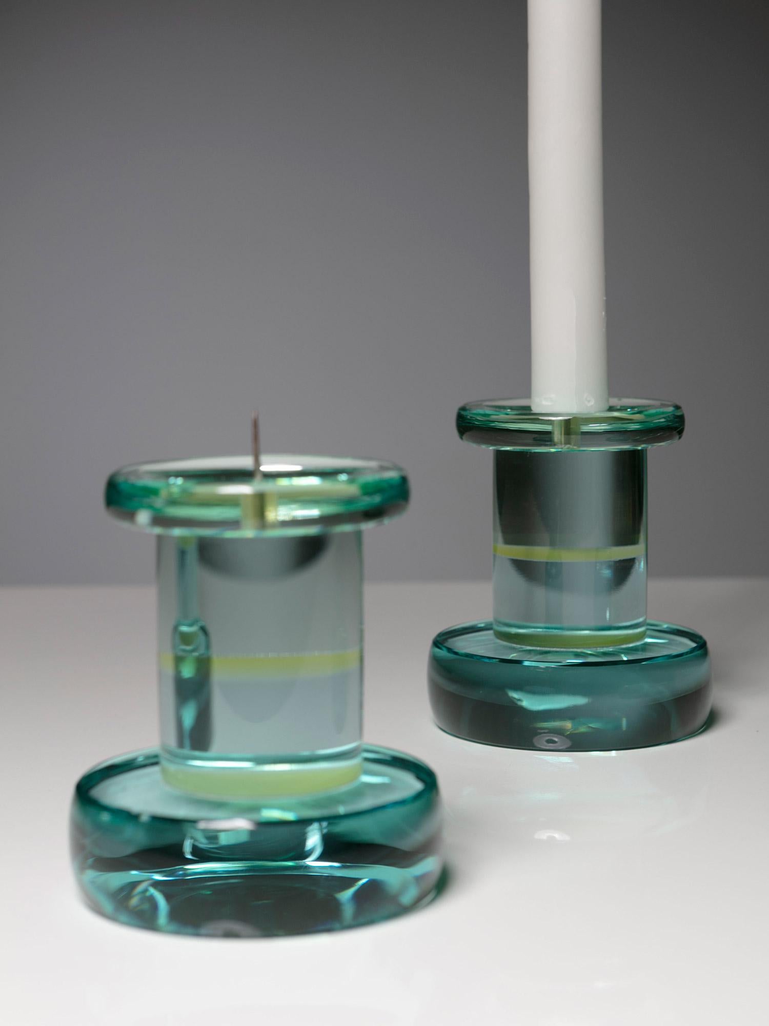 Metal Set of Three Green Nile Glass Candle Holders by Fontana Arte, Italy, 1970s