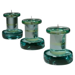 Set of Three Green Nile Glass Candle Holders by Fontana Arte, Italy, 1970s