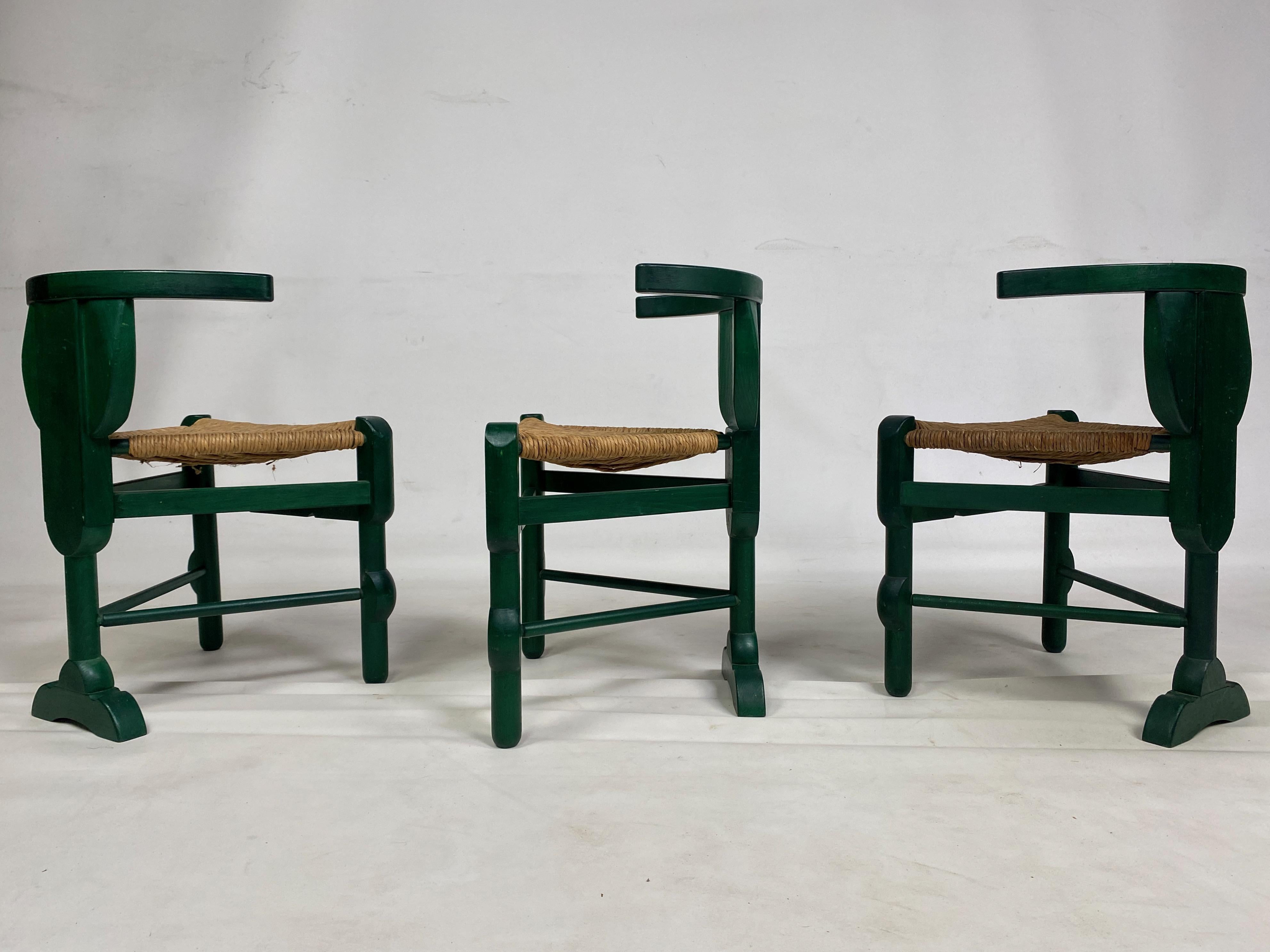 Rush Set of Three Green Side Chairs After a Design by Bernhard Hoetger
