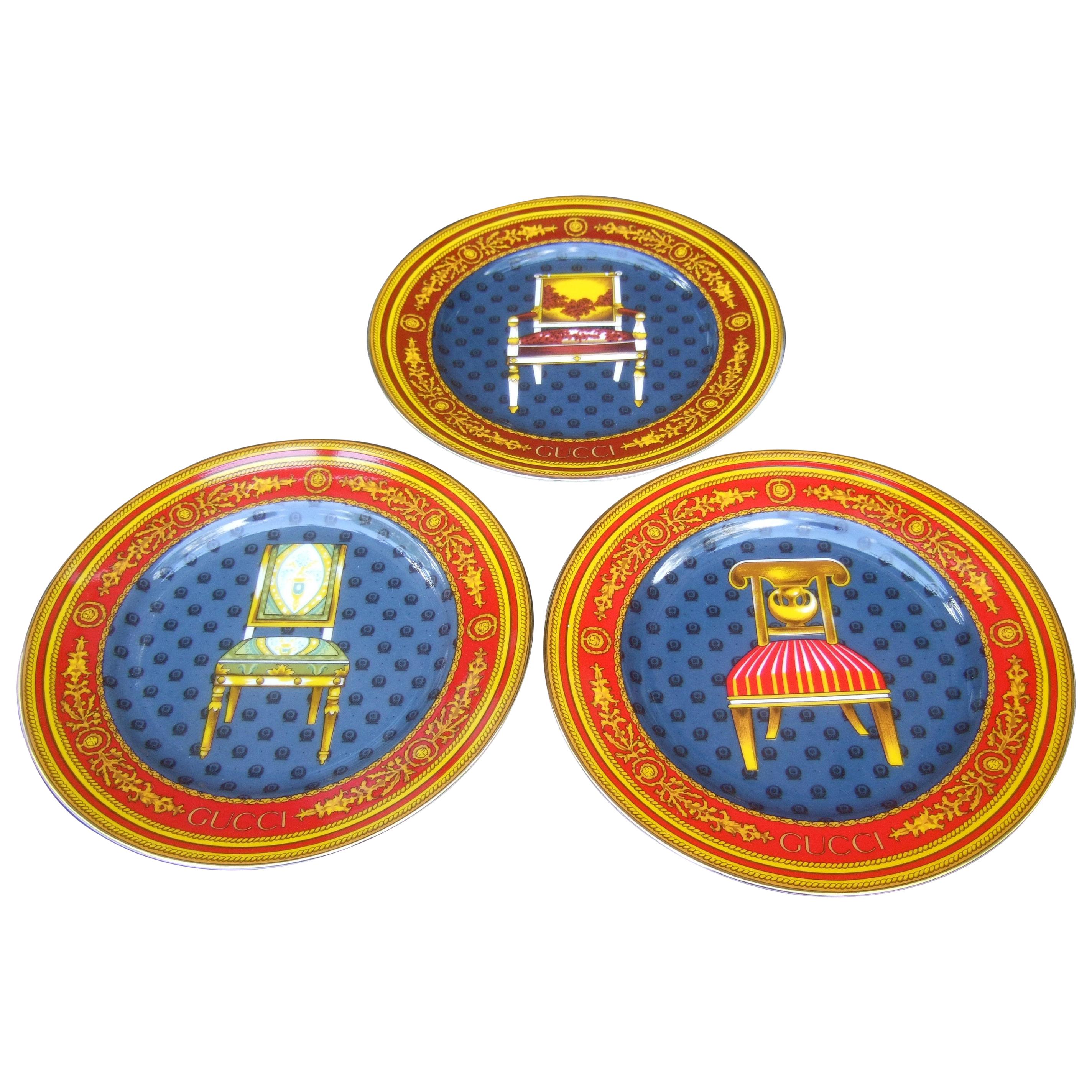 Set of Three Gucci Porcelain Decorative Chair Themed Plates c 1990s