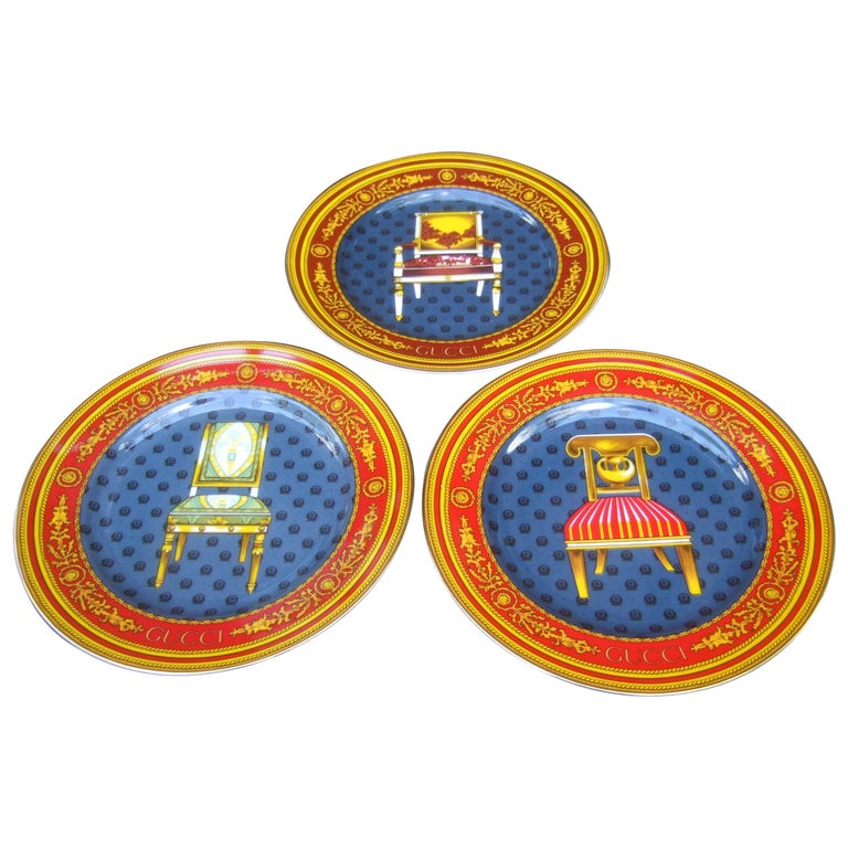 Set of Three Gucci Porcelain Decorative Chair Themed Plates c 1990s at