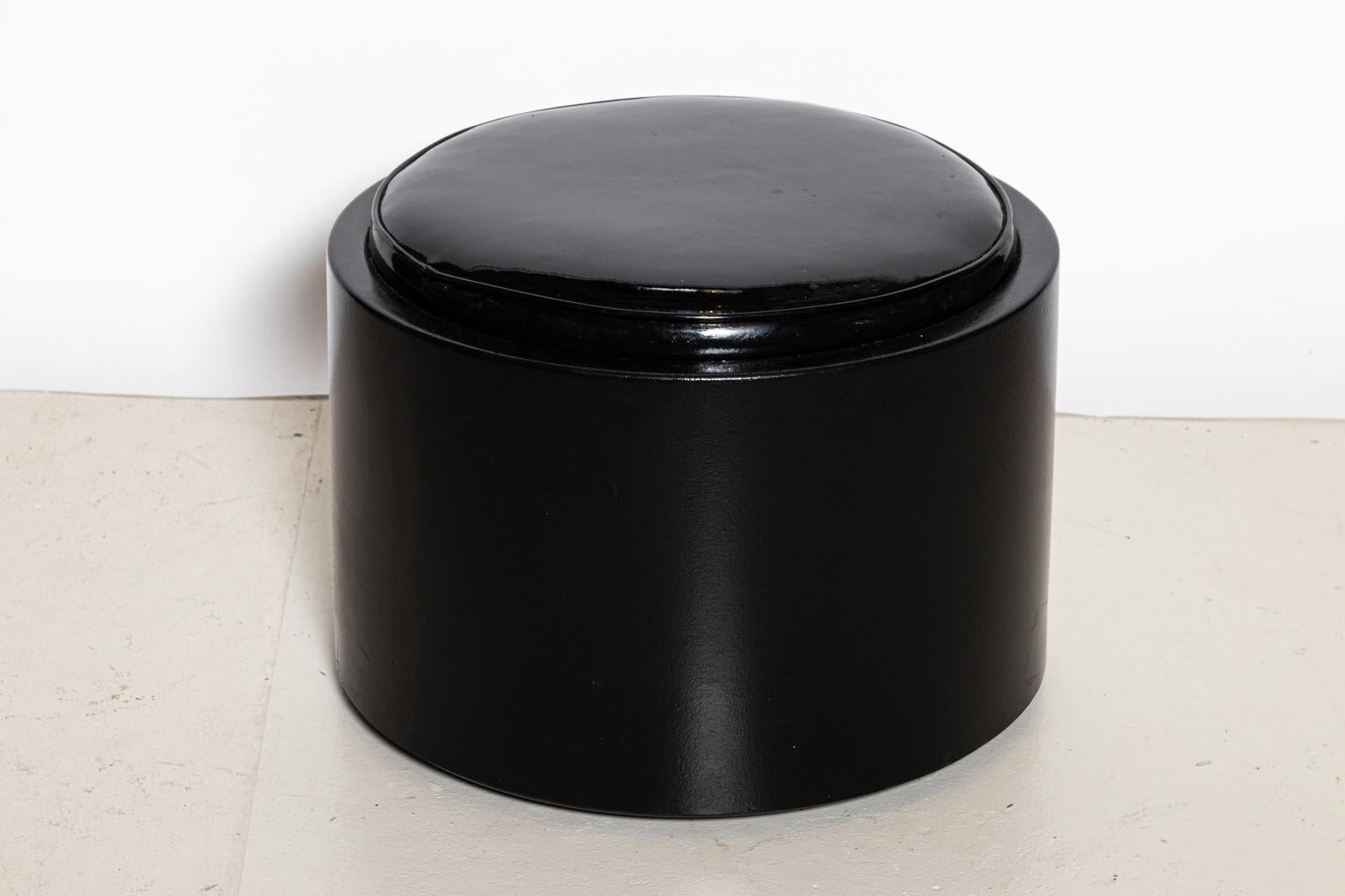 Set of three black painted Gucci style vintage ottomans with red and green trim. Please note of wear consistent with age including minor finish and paint loss.