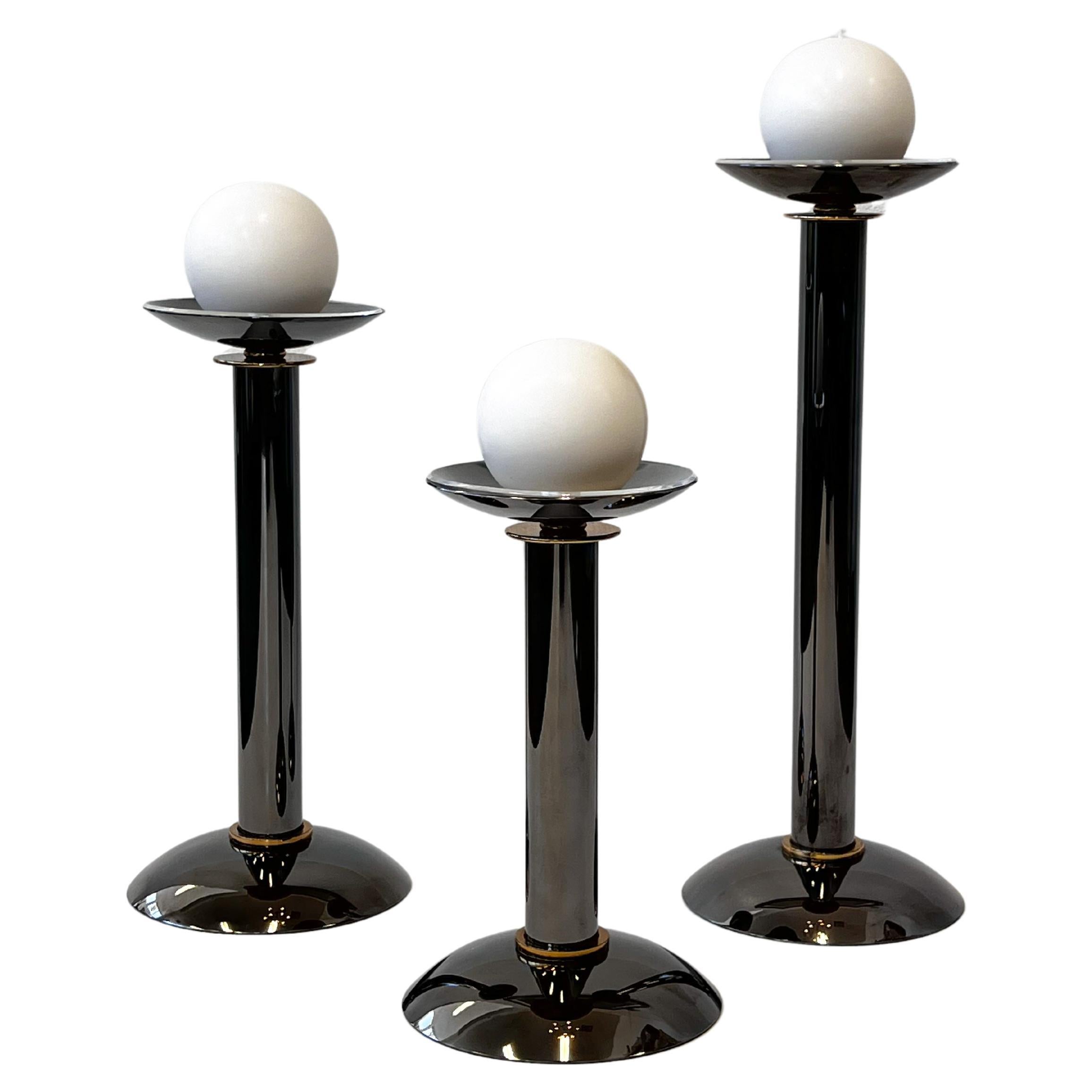 Set of Three Gunmetal and Brass Candle Holders by Karl Springer