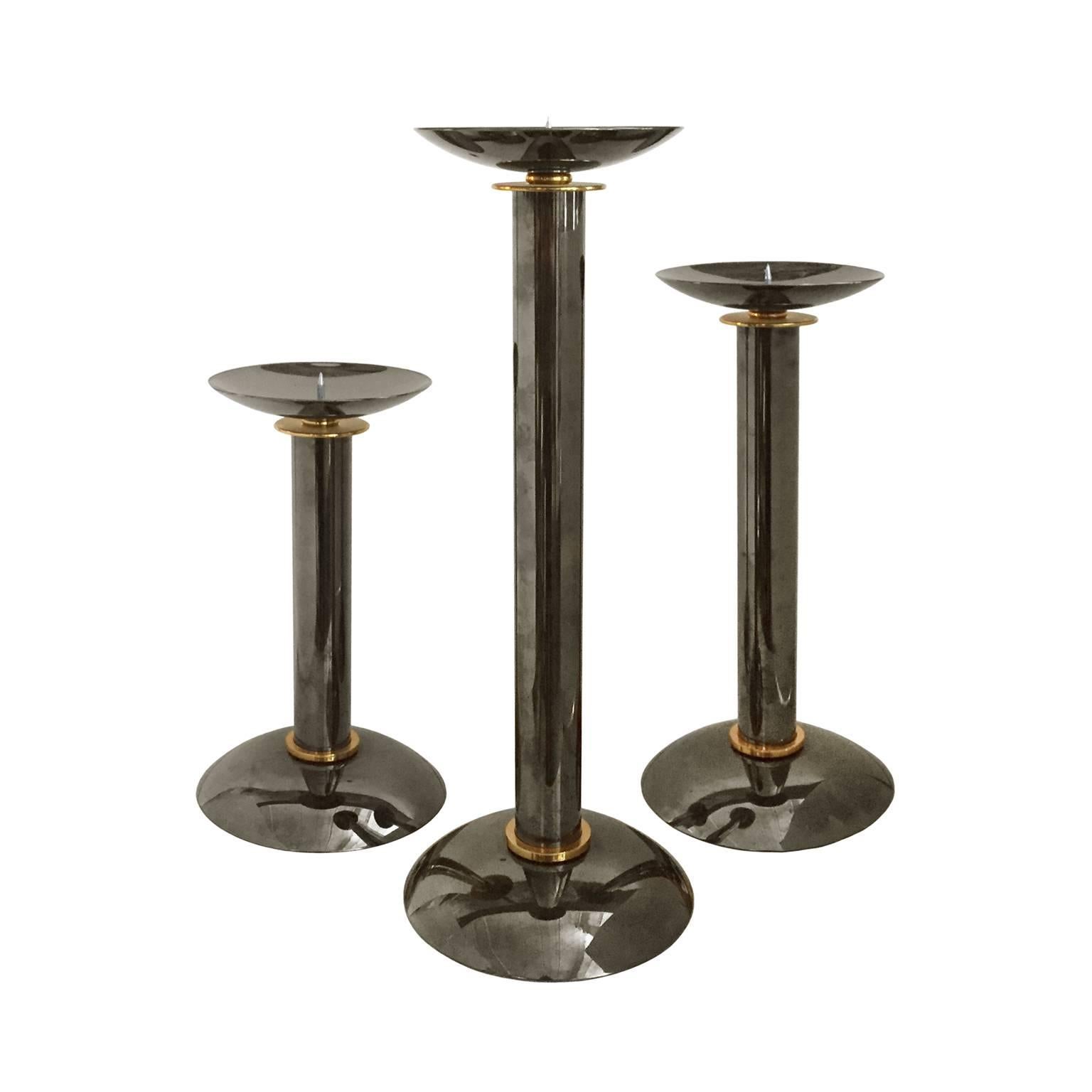 Set of Three Gunmetal and Brass Candlesticks by Karl Springer