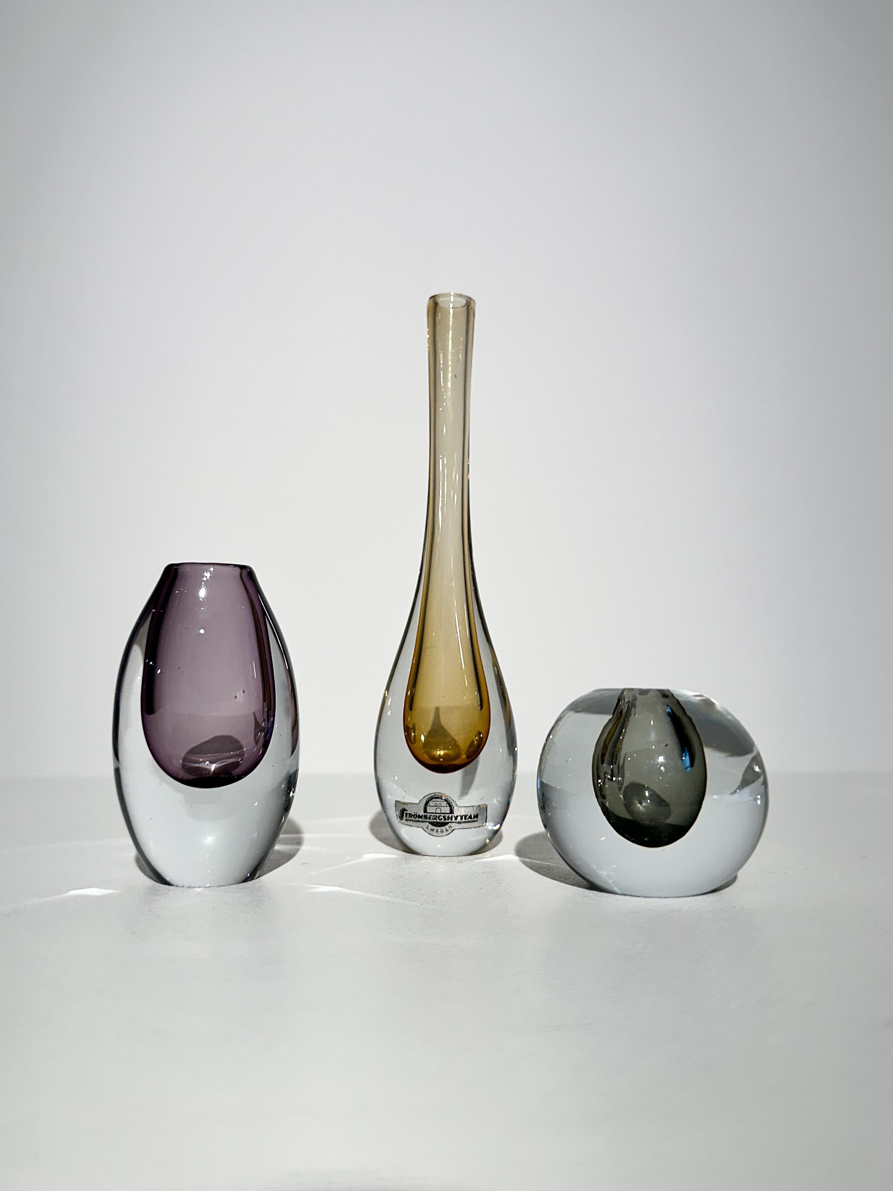 Swedish Set of Three Gunnar Nylund Miniature Vases Strömbergshyttan Glass Sweden 1960s