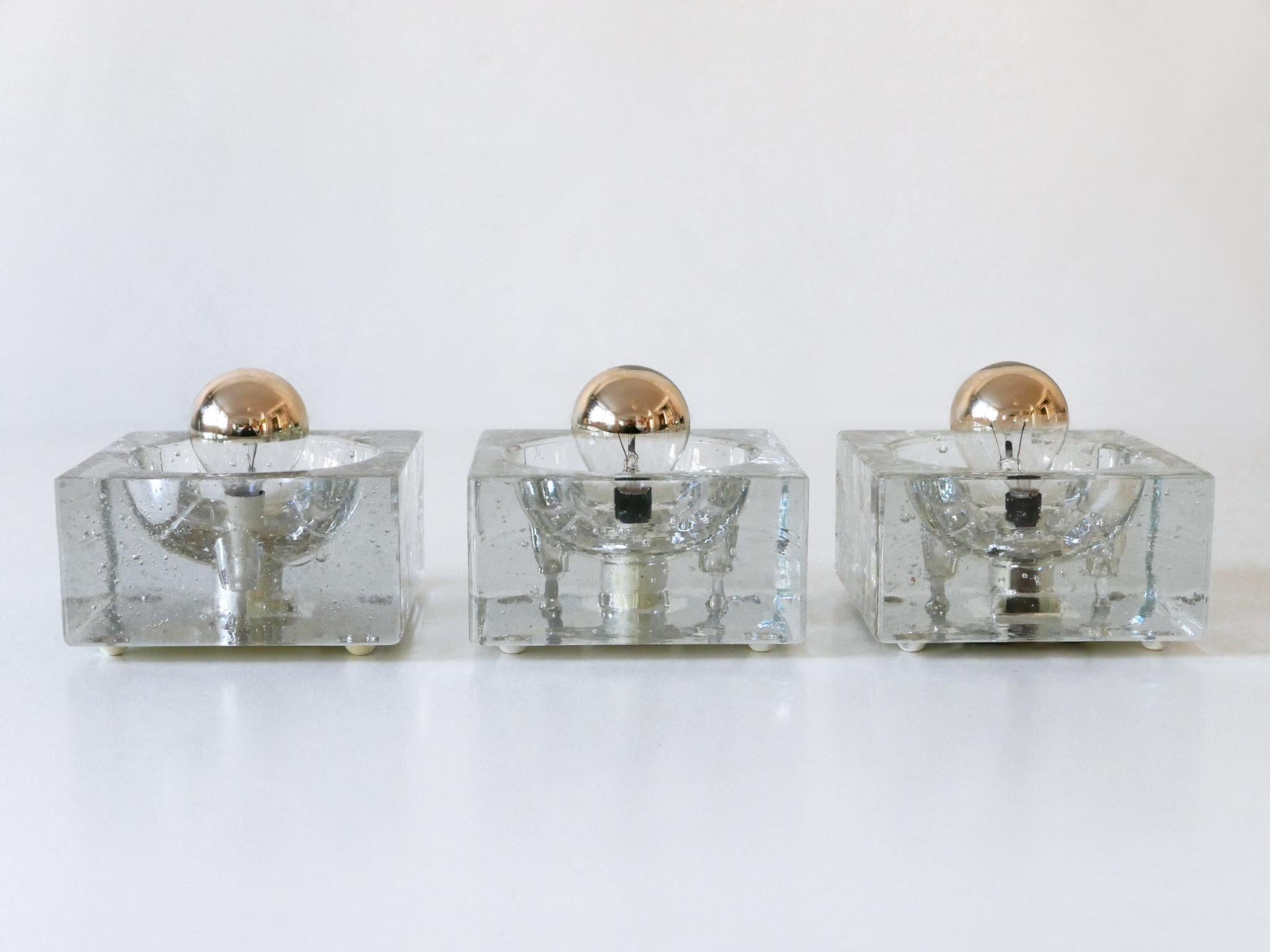 Mid-Century Modern Set of Three Hand-Blown Ice-Glass Cube Sconces by Müller & Zimmer Germany 1970s For Sale