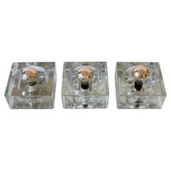 Set of Three Hand-Blown Ice-Glass Cube Sconces by Müller & Zimmer Germany 1970s