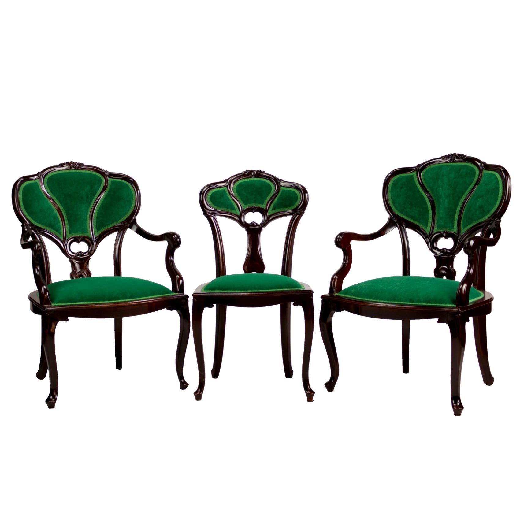 Set of Three Hand Carved Art Nouveau Chairs, circa 1900