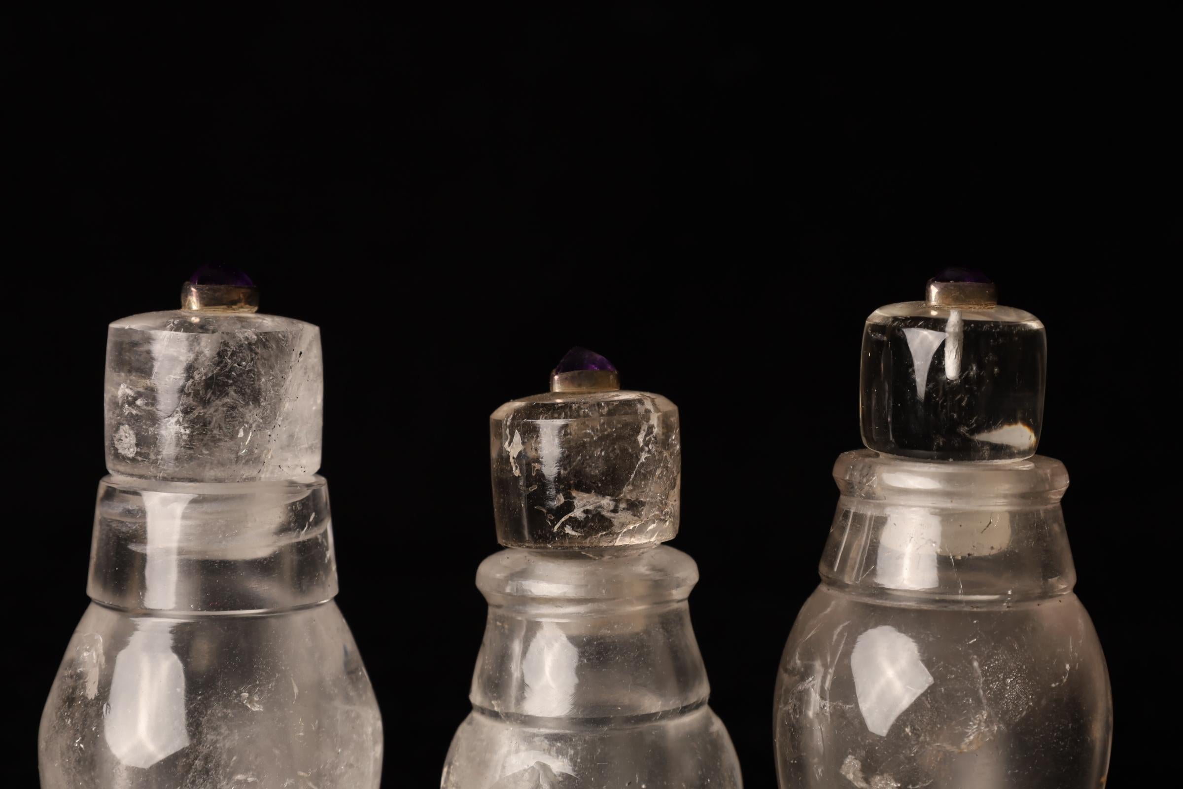 Indian Set of Three Hand-Carved Crystal Jars with Silver Amethyst Accents, 21st Century For Sale