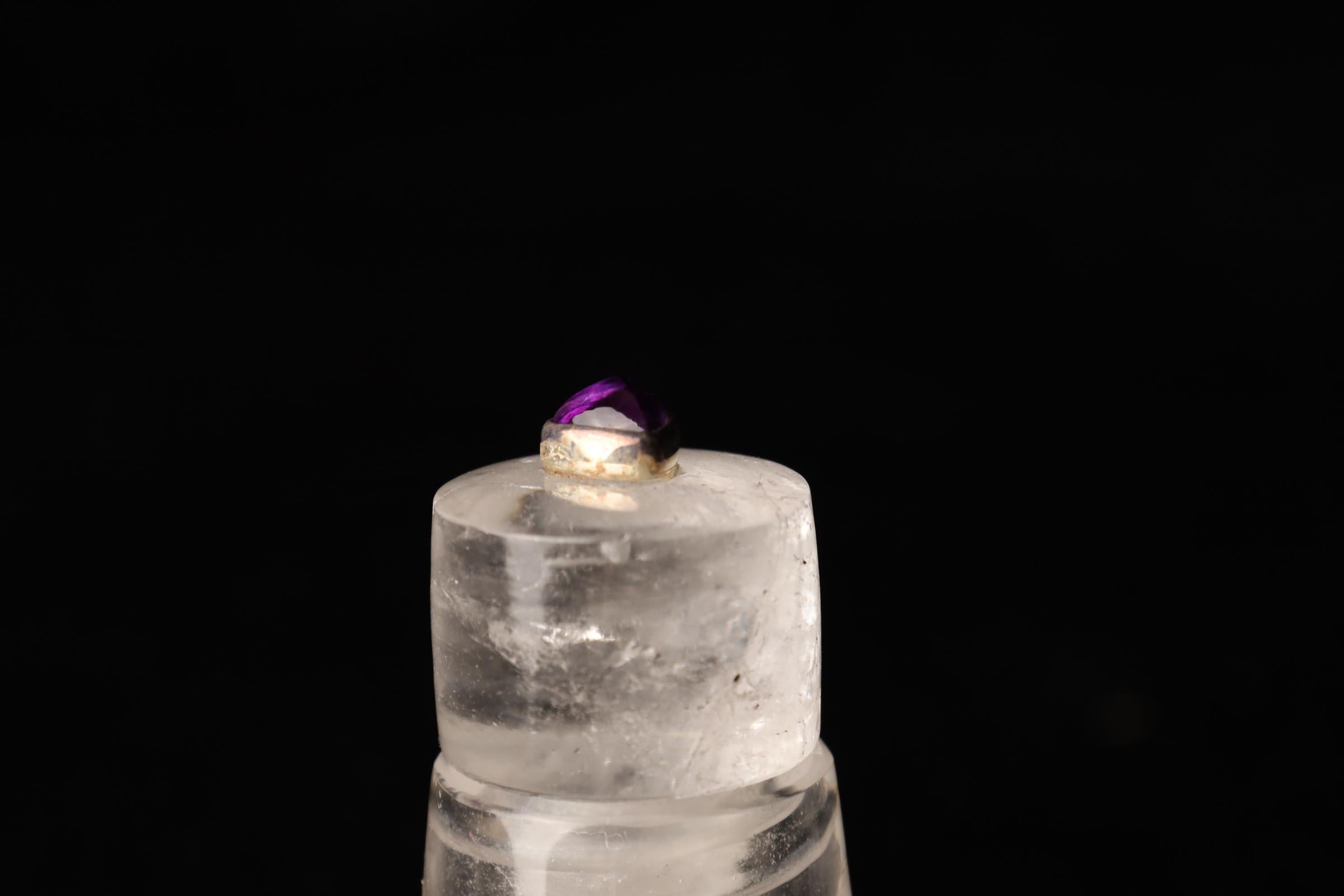 Contemporary Set of Three Hand-Carved Crystal Jars with Silver Amethyst Accents, 21st Century For Sale