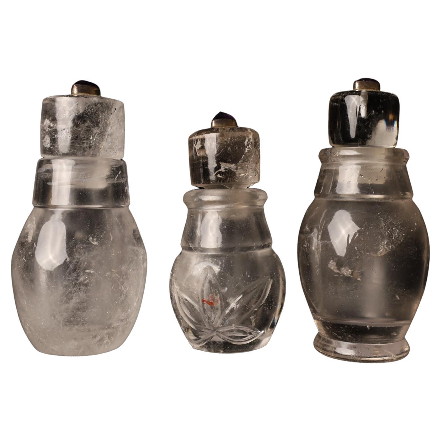 Set of Three Hand-Carved Crystal Jars with Silver Amethyst Accents, 21st Century For Sale