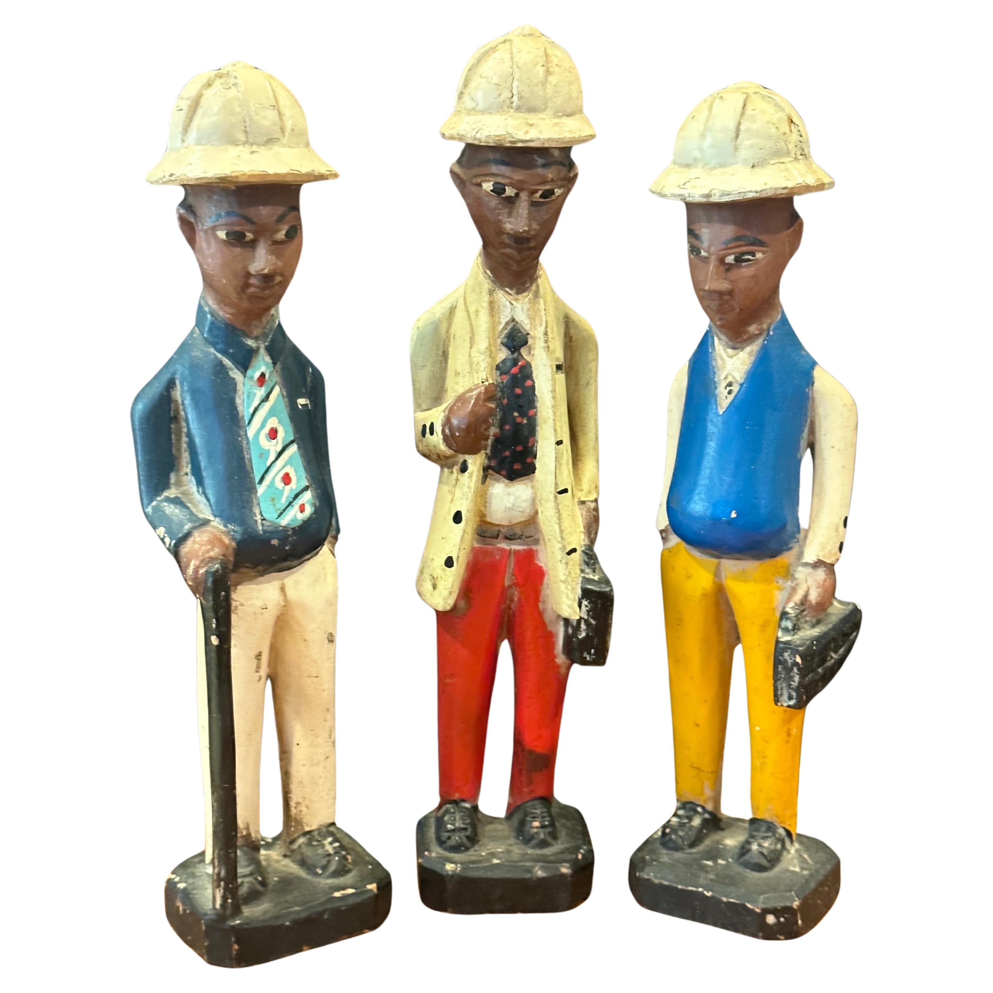 Set of Three Hand Carved Figural African Polychromed Colonial Style Sculptures For Sale 13