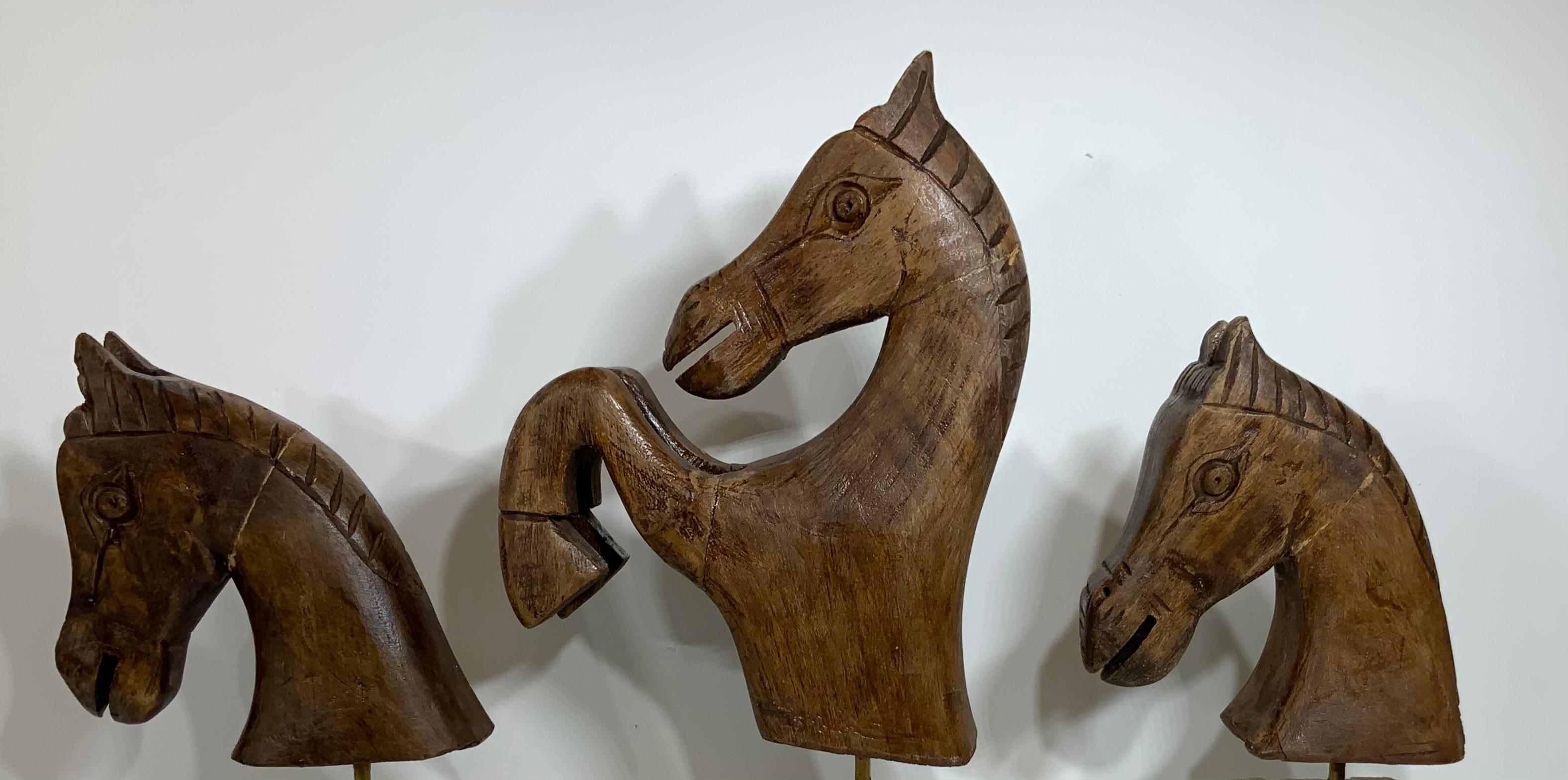 Funky three horse heads hand carved from solid wood, professionally mounted on original natural 
See coral base, great decorative items for room display for horse lovers.
Sizes:
3”wide x 7”.5 deep x 14”.5 high
3” wide x 5” deep x 11” high
3”