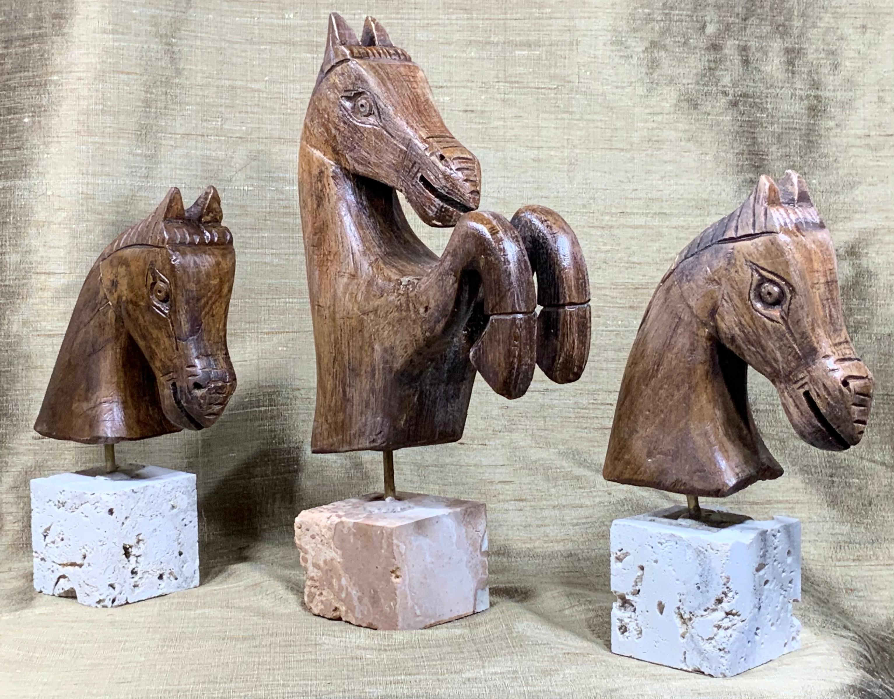 Thai Set of Three Hand Carved Wood Horses