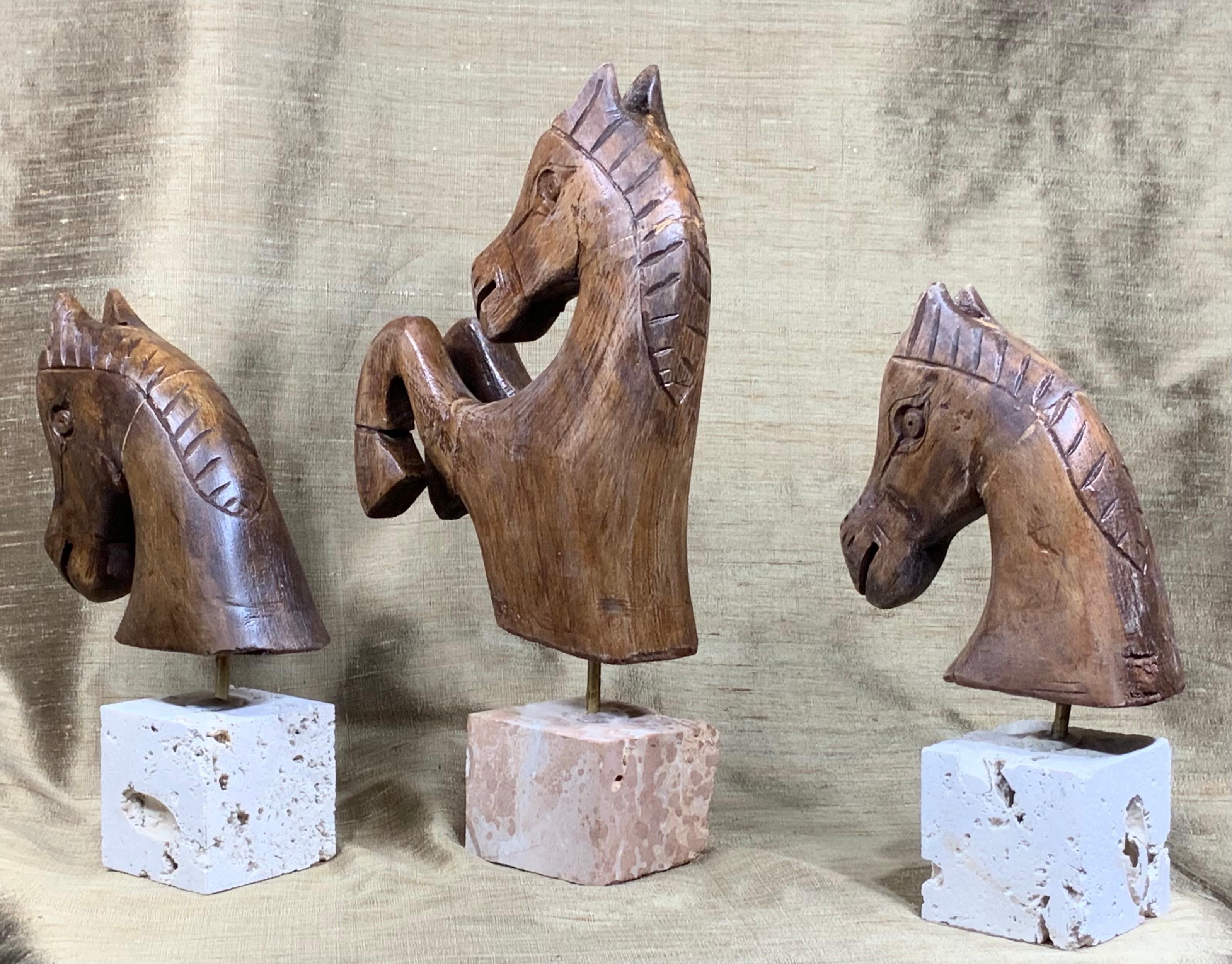 Brass Set of Three Hand Carved Wood Horses
