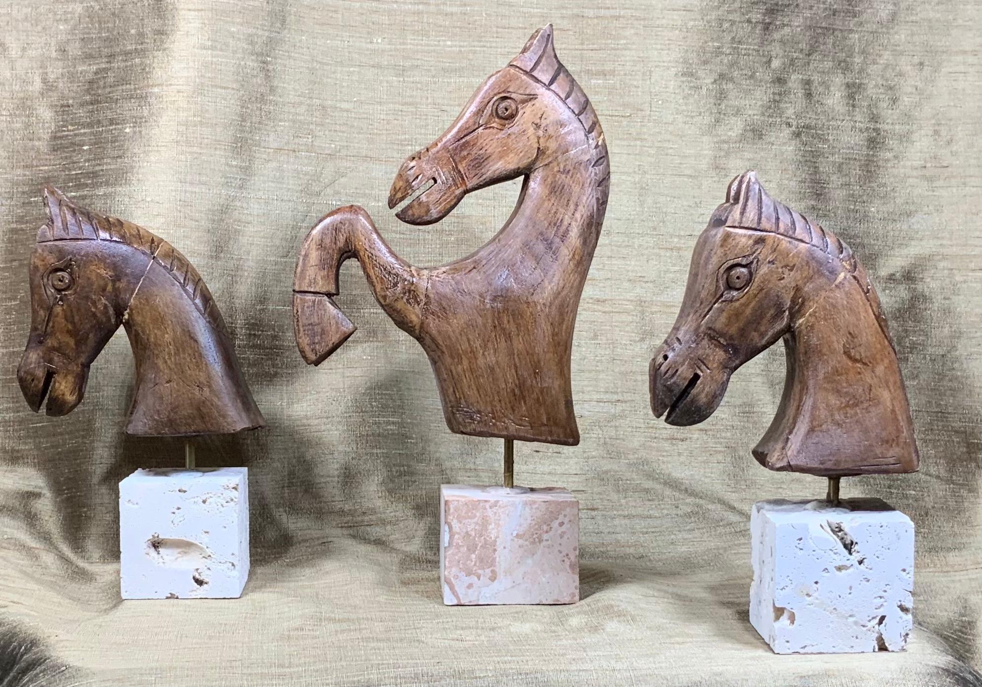 Set of Three Hand Carved Wood Horses 1