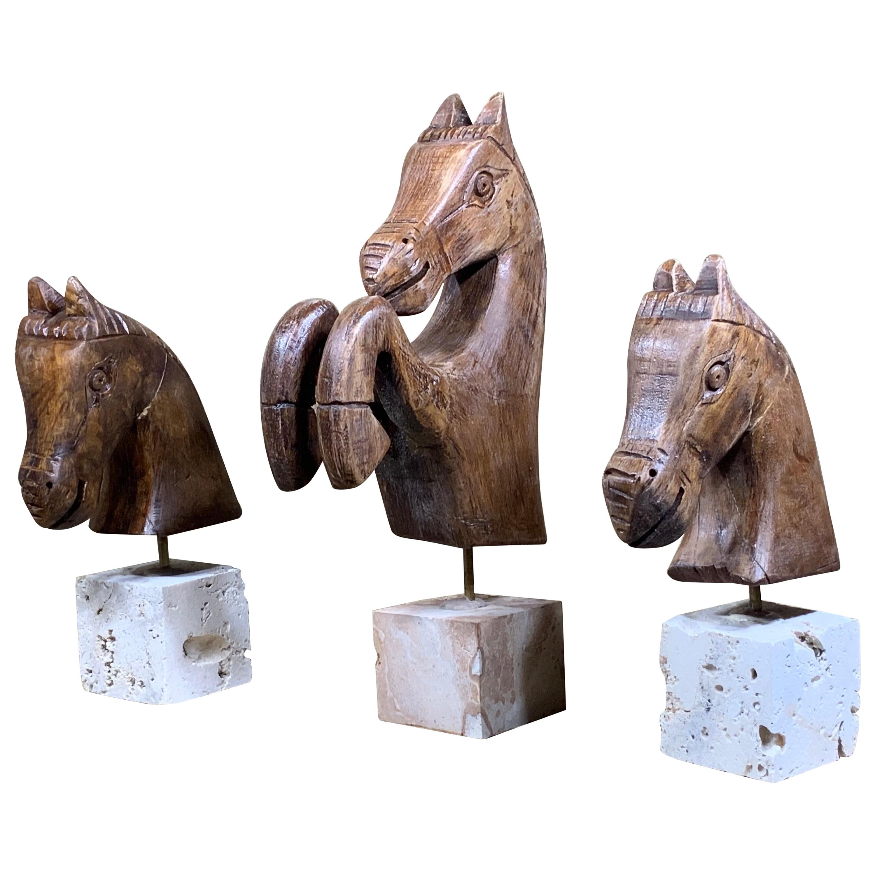 Set of Three Hand Carved Wood Horses