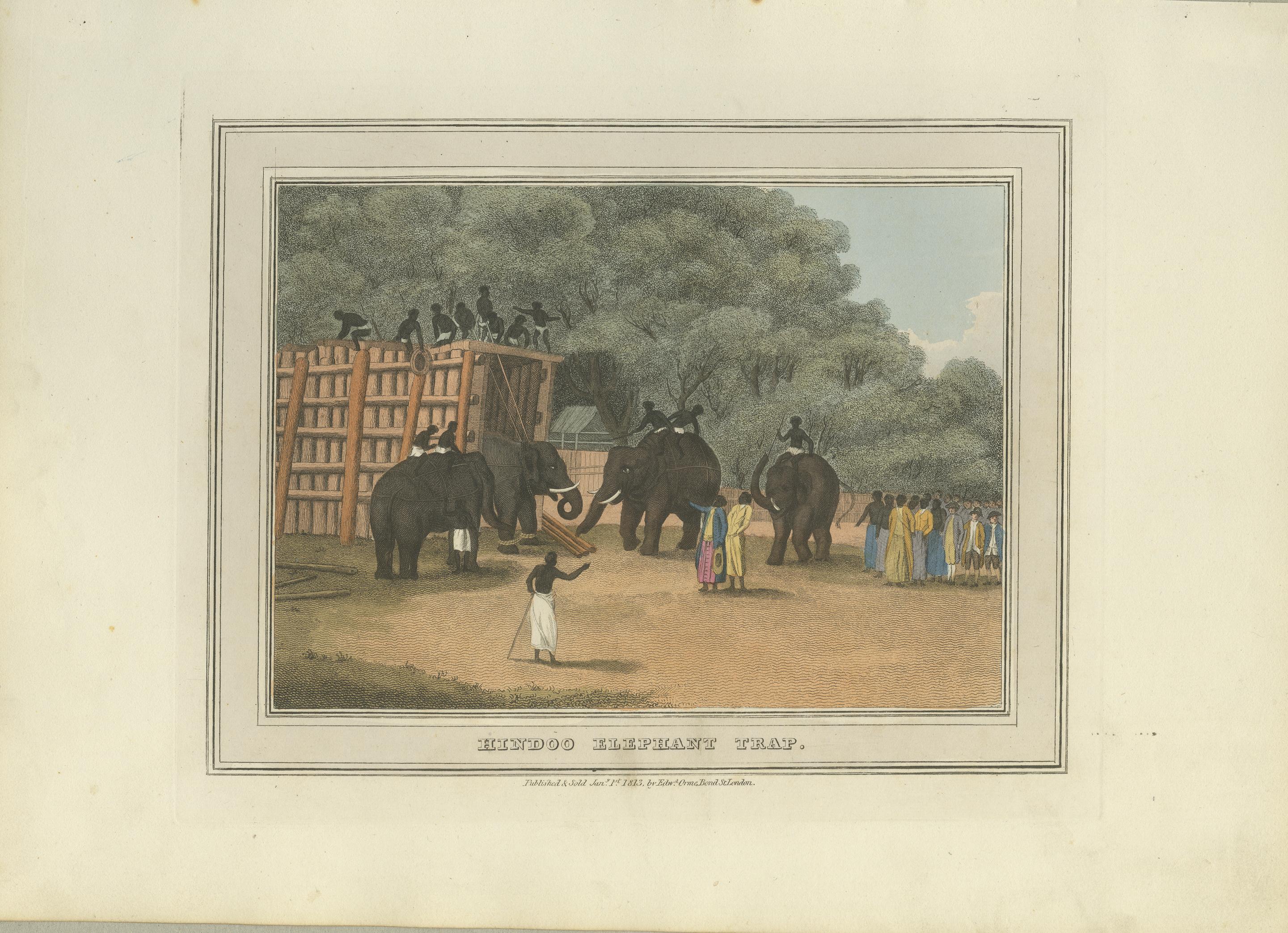Set of Three Hand-Colored Elephant and Hunting Engravings, India, 1813 In Good Condition For Sale In Langweer, NL