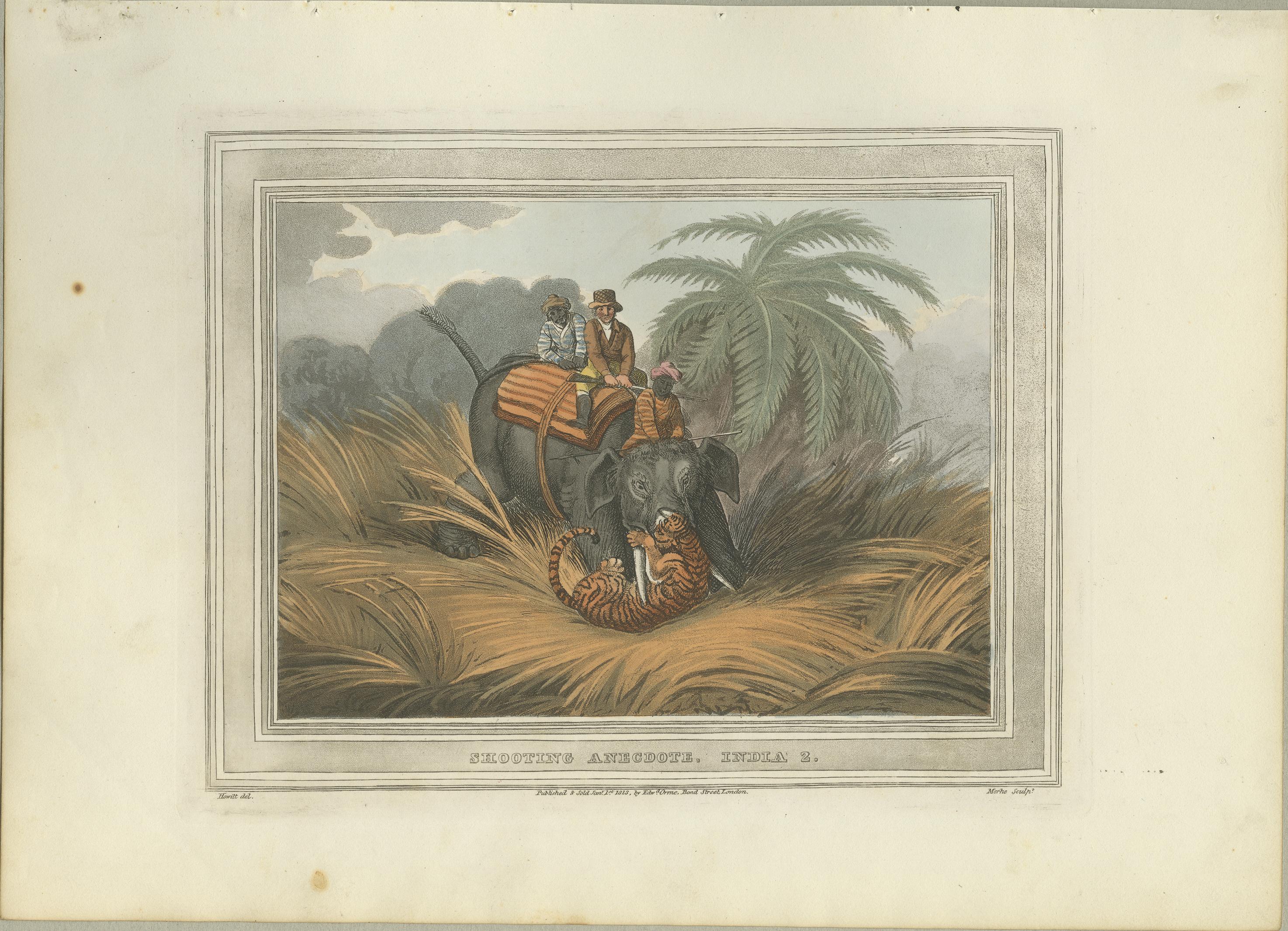 Early 19th Century Set of Three Hand-Colored Elephant and Hunting Engravings, India, 1813 For Sale