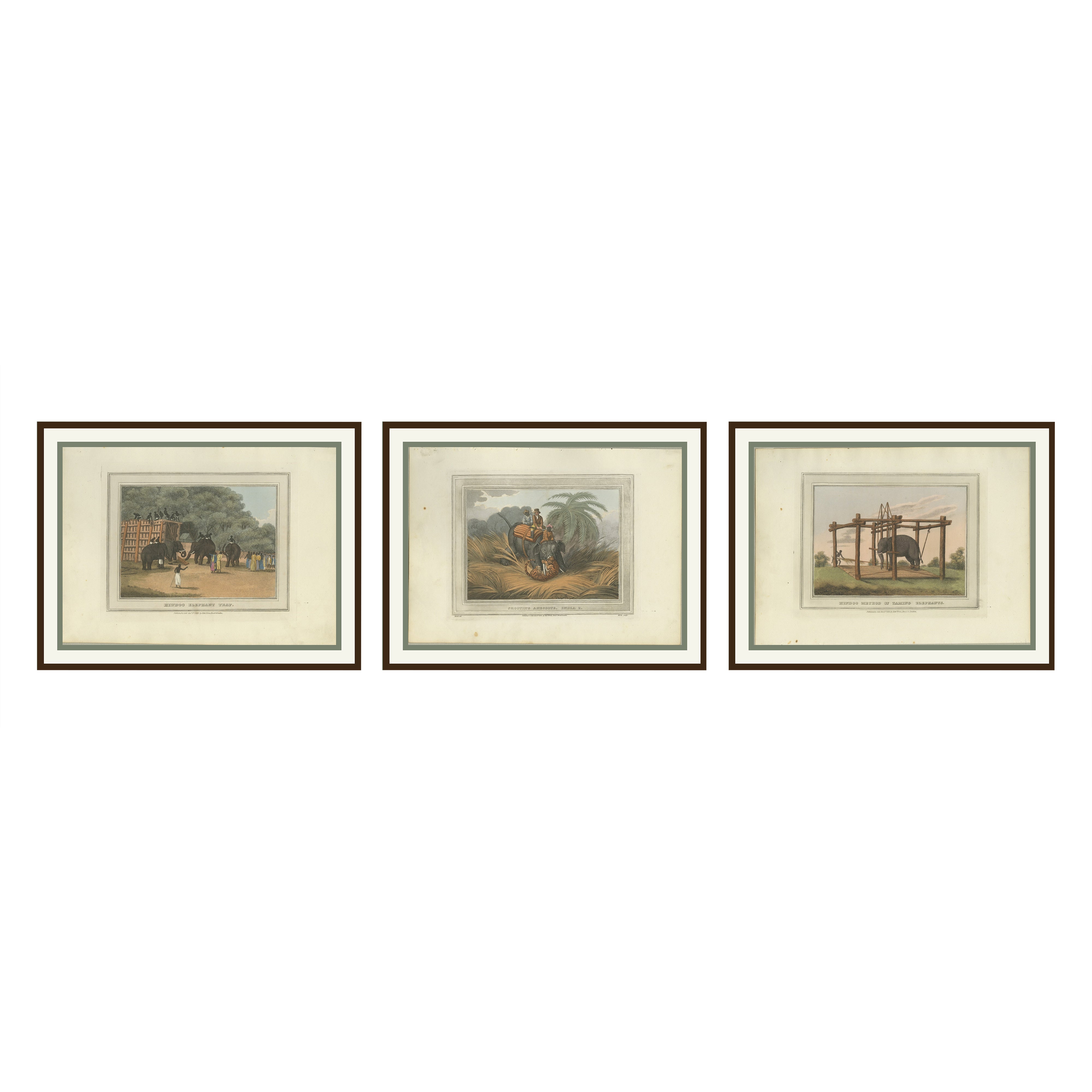 Set of Three Hand-Colored Elephant and Hunting Engravings, India, 1813 For Sale