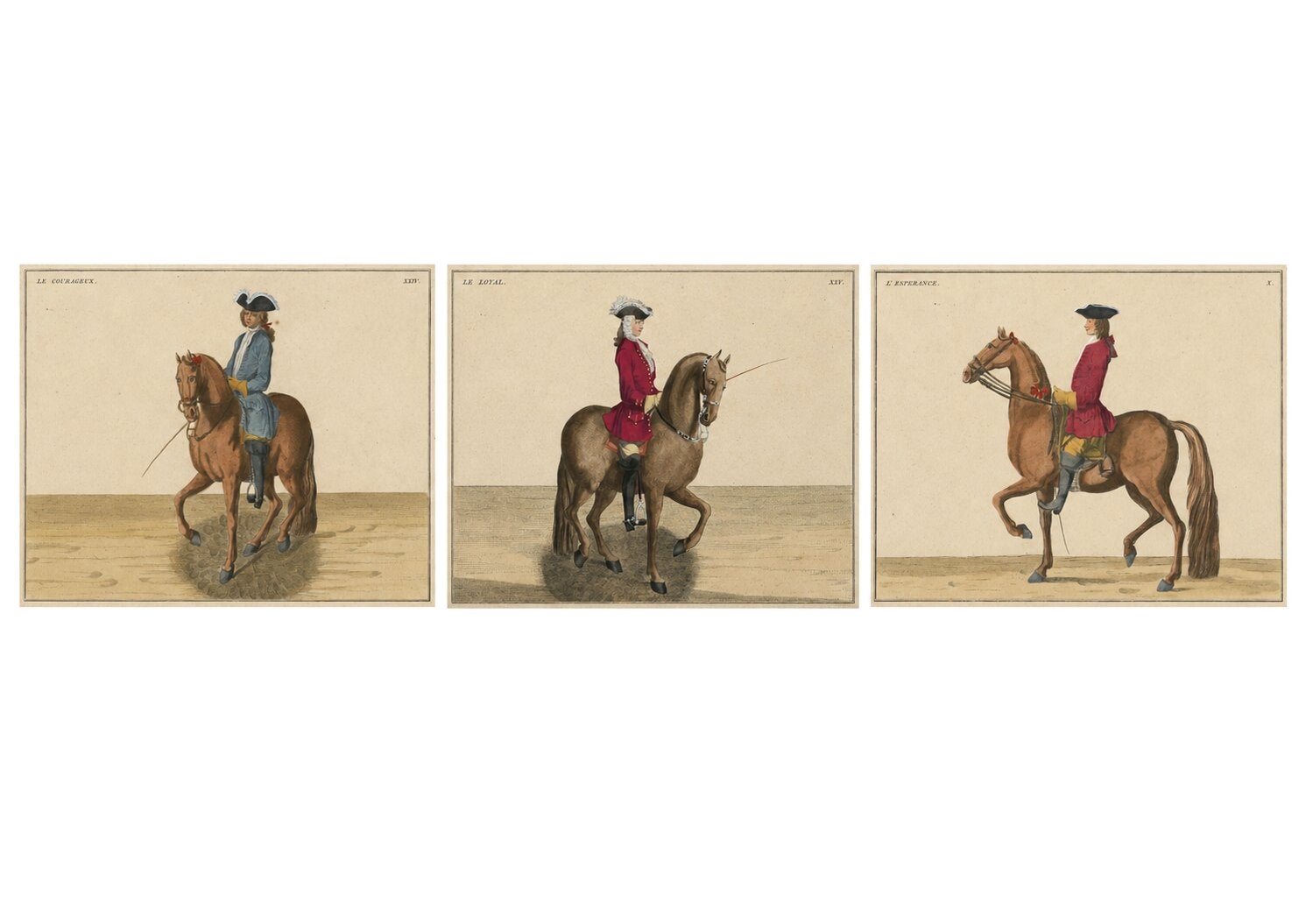 Serie di tre incisioni equestri colorate a mano, 1727 circa