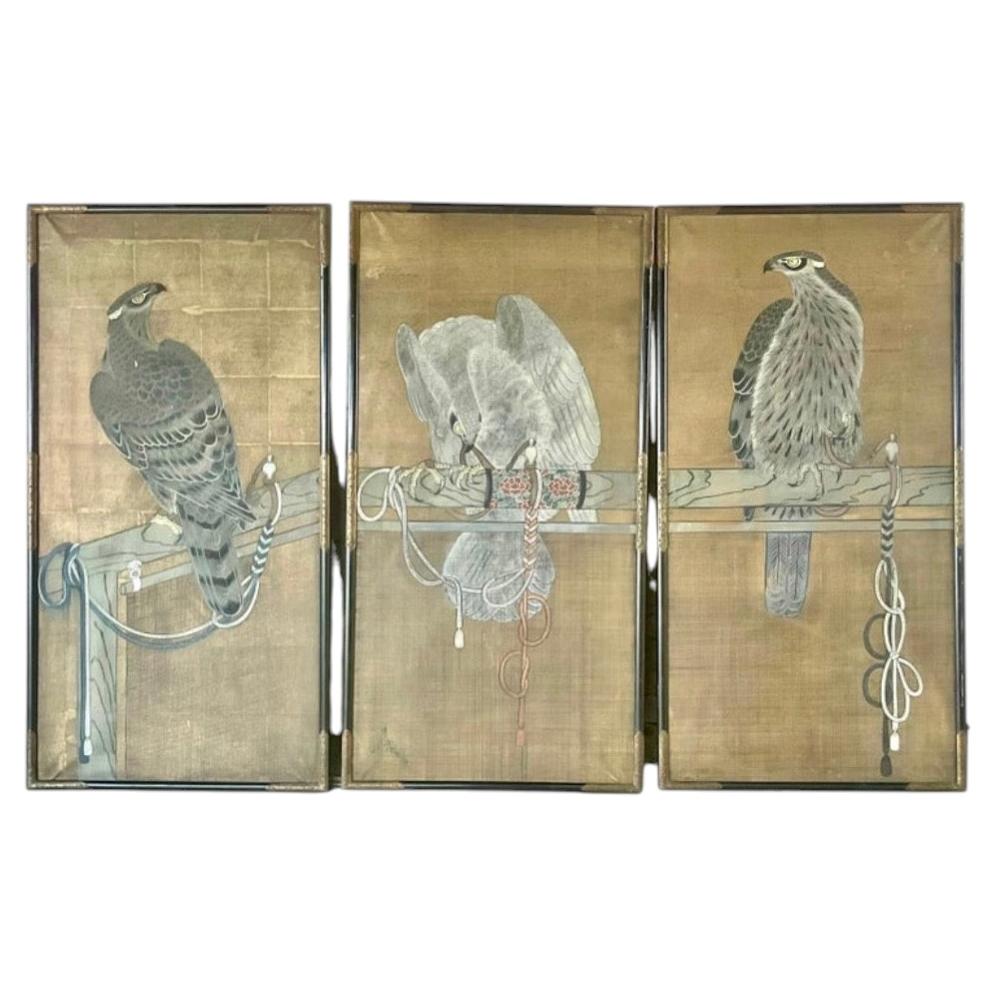 Set of Three Hand-Painted Japanese Watercolor Panels, Falconry Scenes For Sale