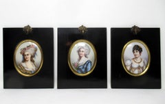 Set of Three Hand Painted Miniatures on Porcelain Ebonized Frames Late Georgian