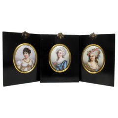 Set of Three Hand Painted Miniatures on Porcelain Ebonized Frames Late Georgian