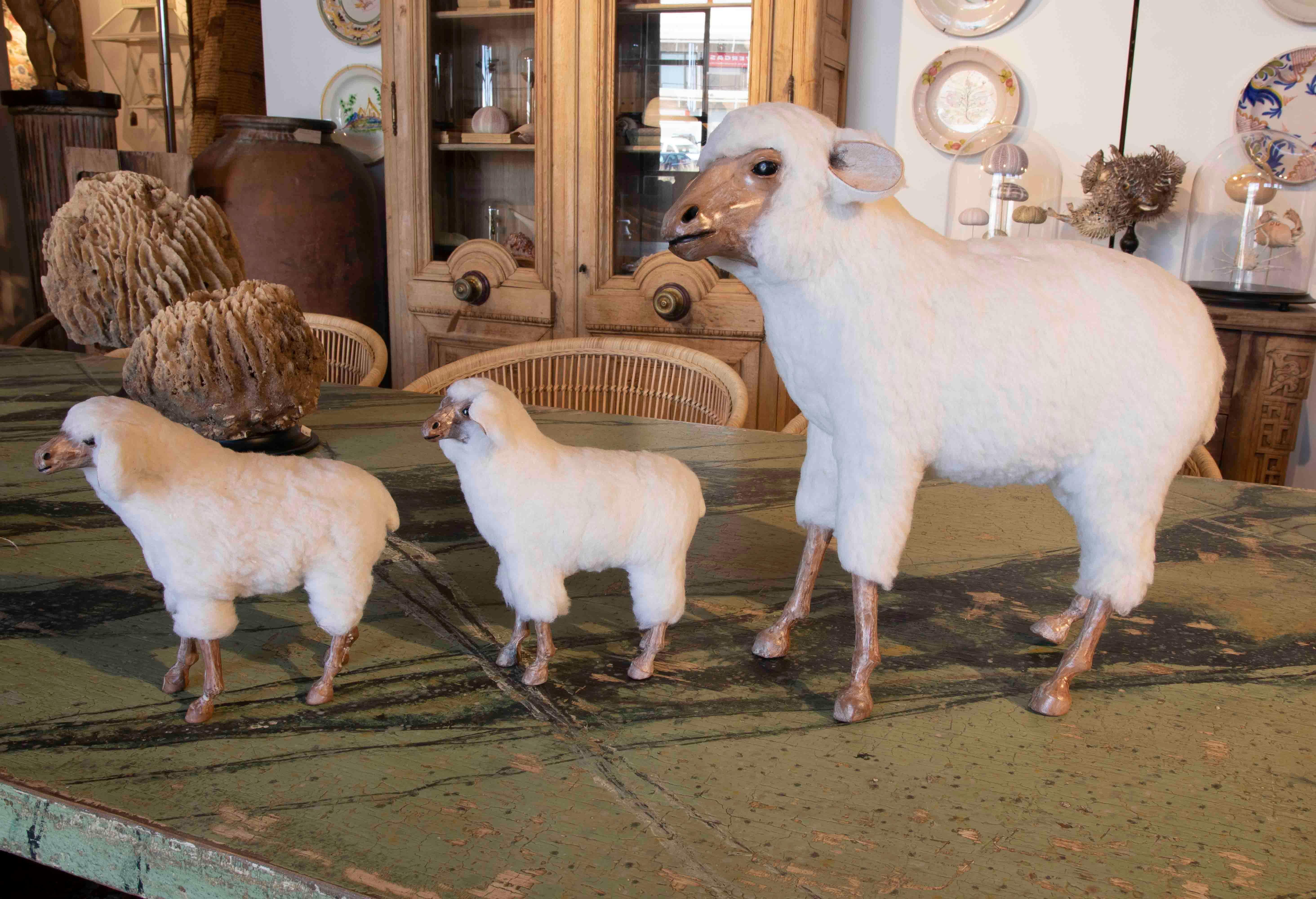 Set of Three Hand-Painted Sheep Made of Wood and Synthetic Wool

The dimensions are of the largest item.
