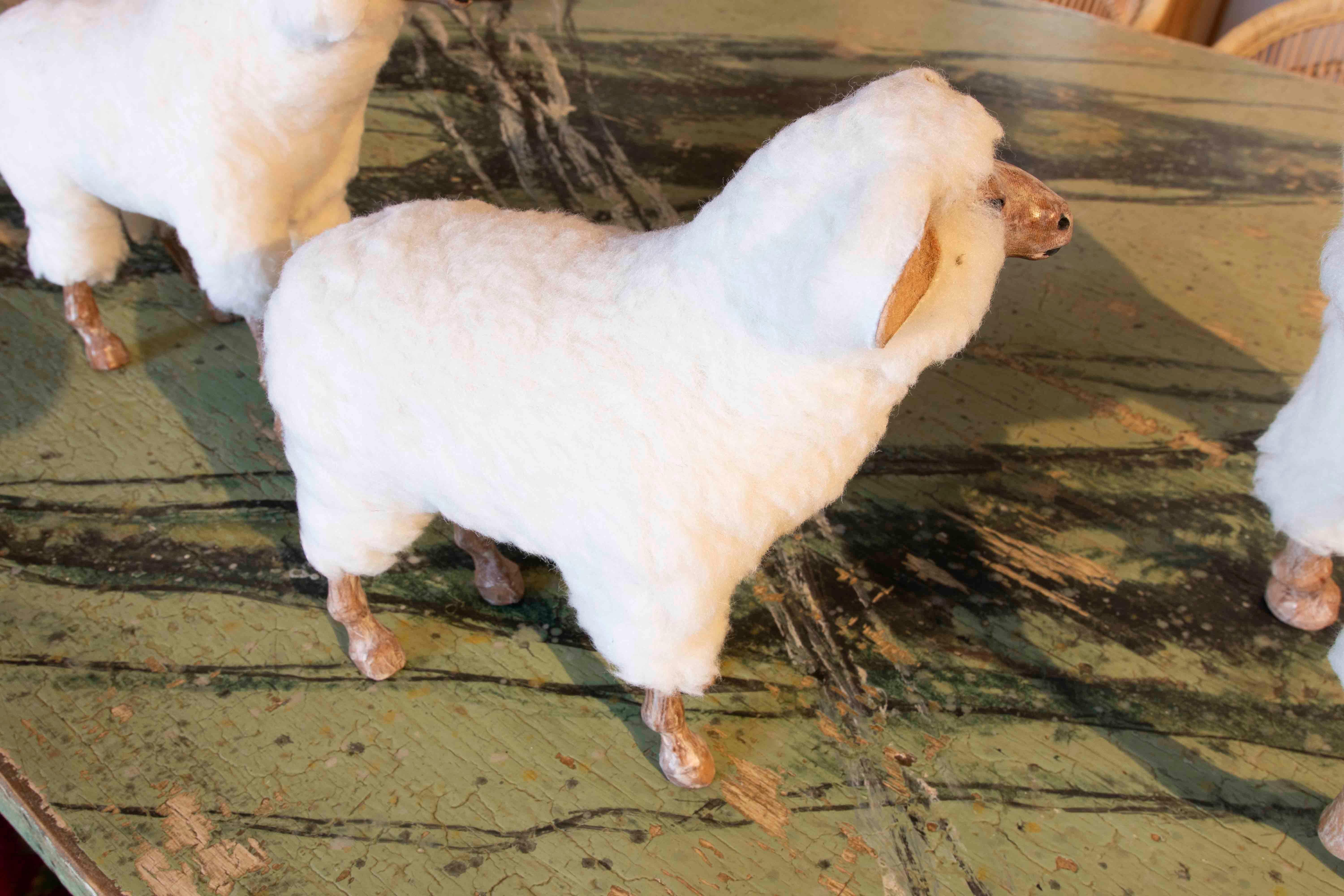 Set of Three Hand-Painted Sheep Made of Wood and Synthetic Wool For Sale 1
