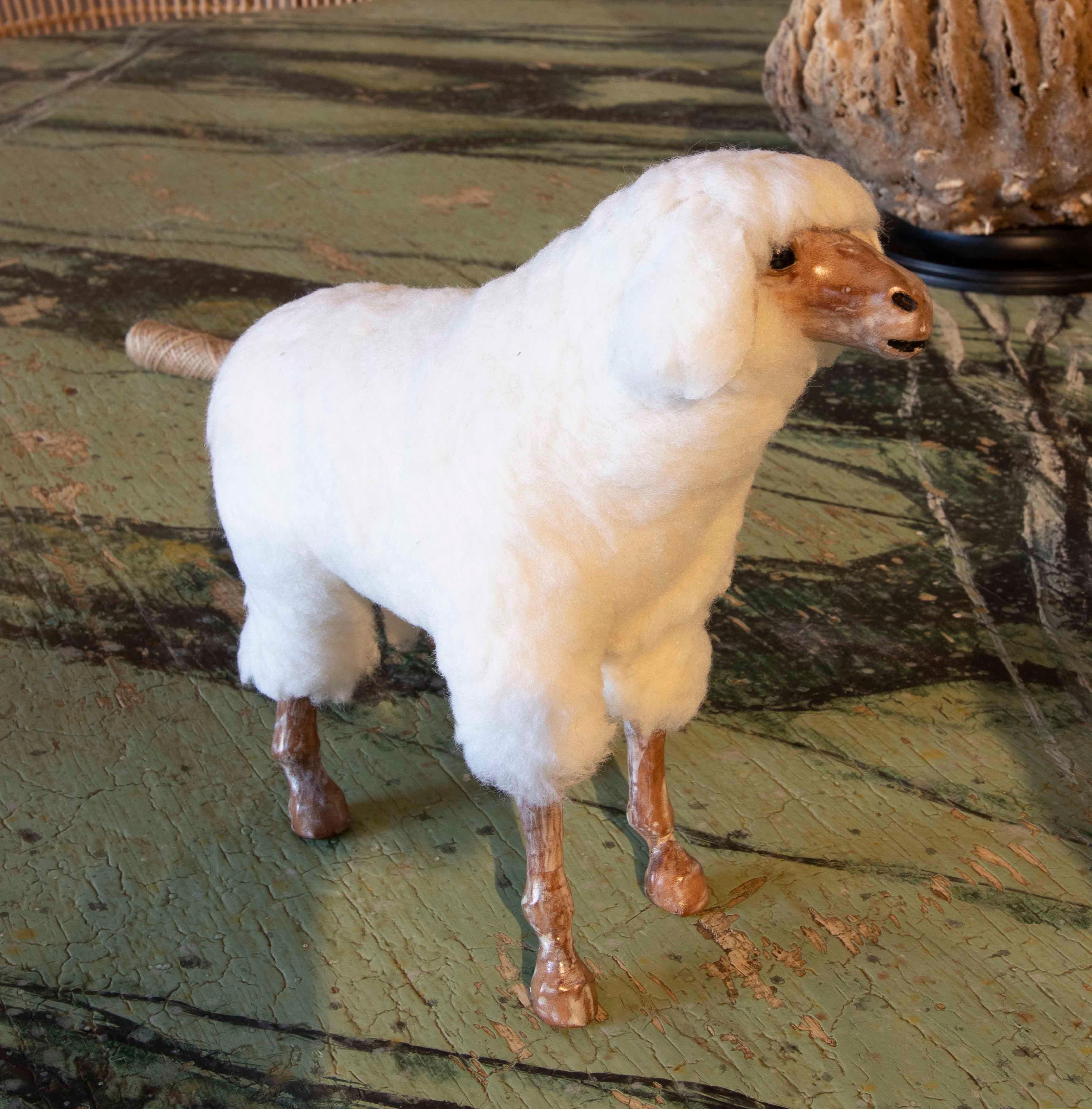 Set of Three Hand-Painted Sheep Made of Wood and Synthetic Wool For Sale 2
