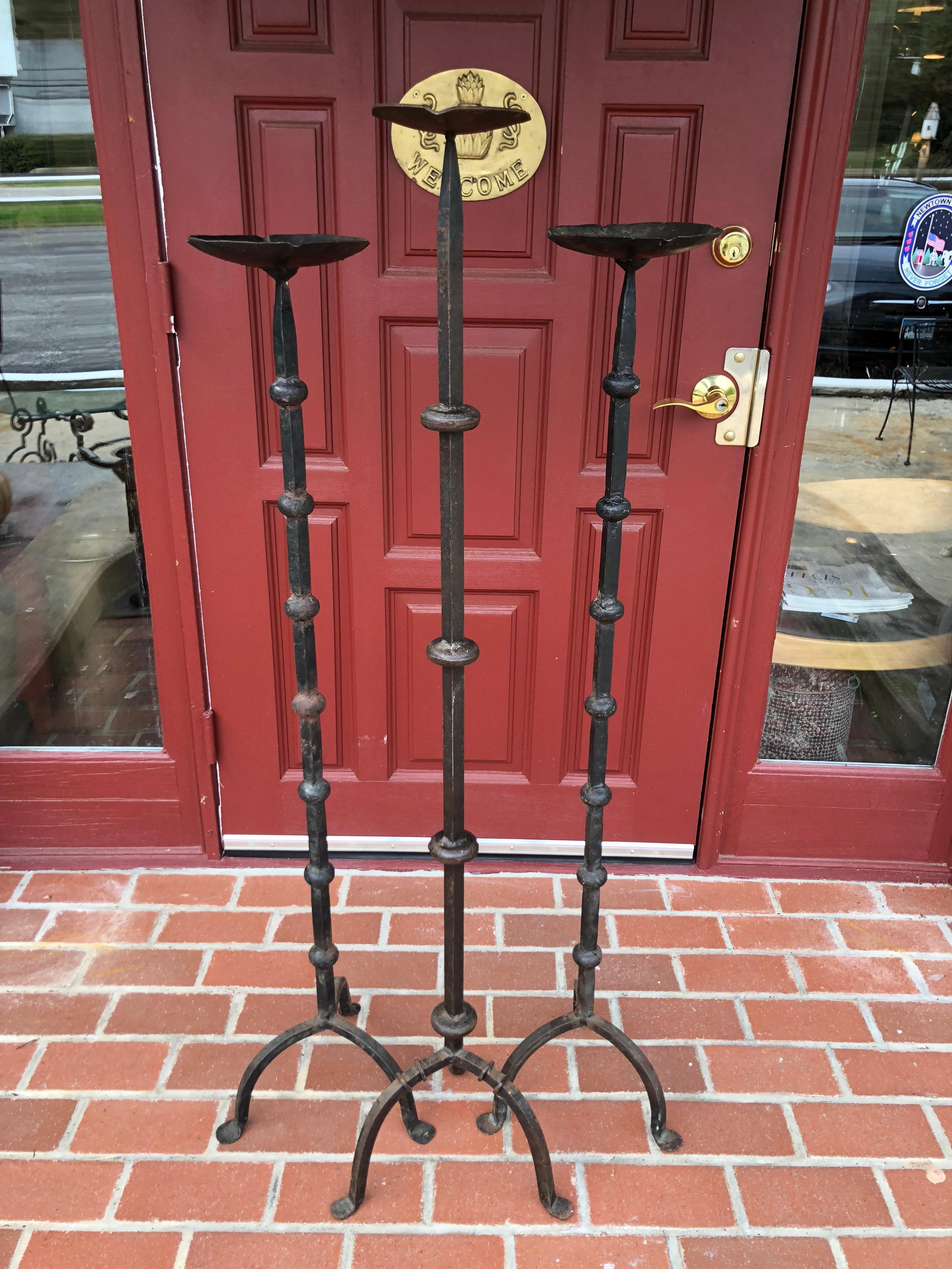 Set of Three Hand-Wrought Iron Altar Floor Candle Stands 11