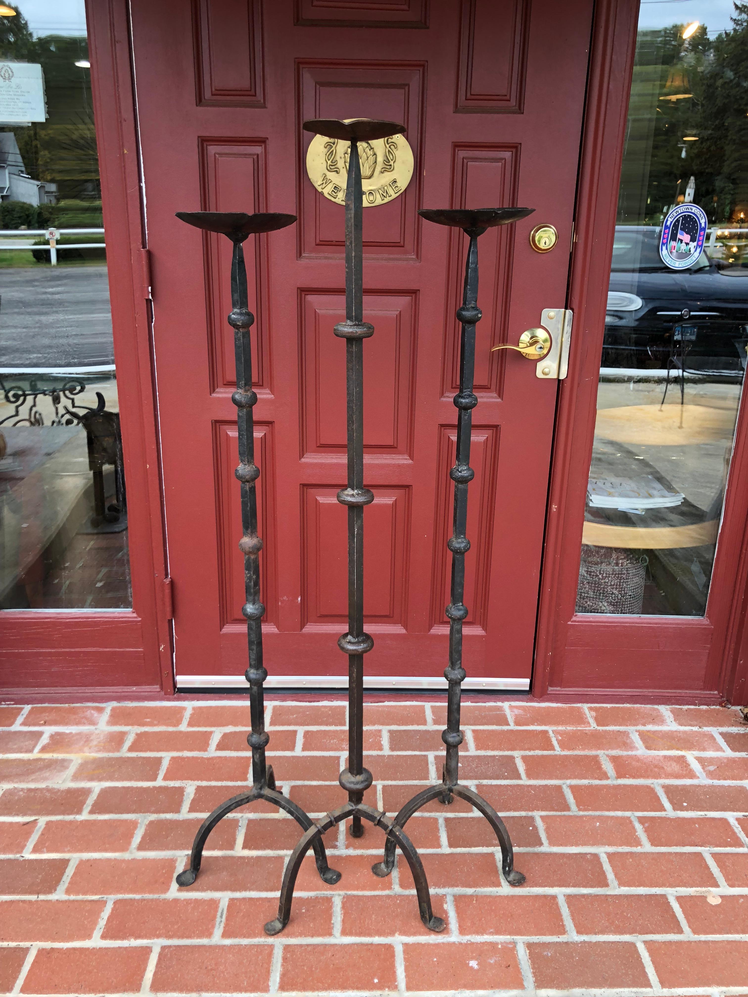 Set of Three Hand-Wrought Iron Altar Floor Candle Stands In Good Condition In Redding, CT