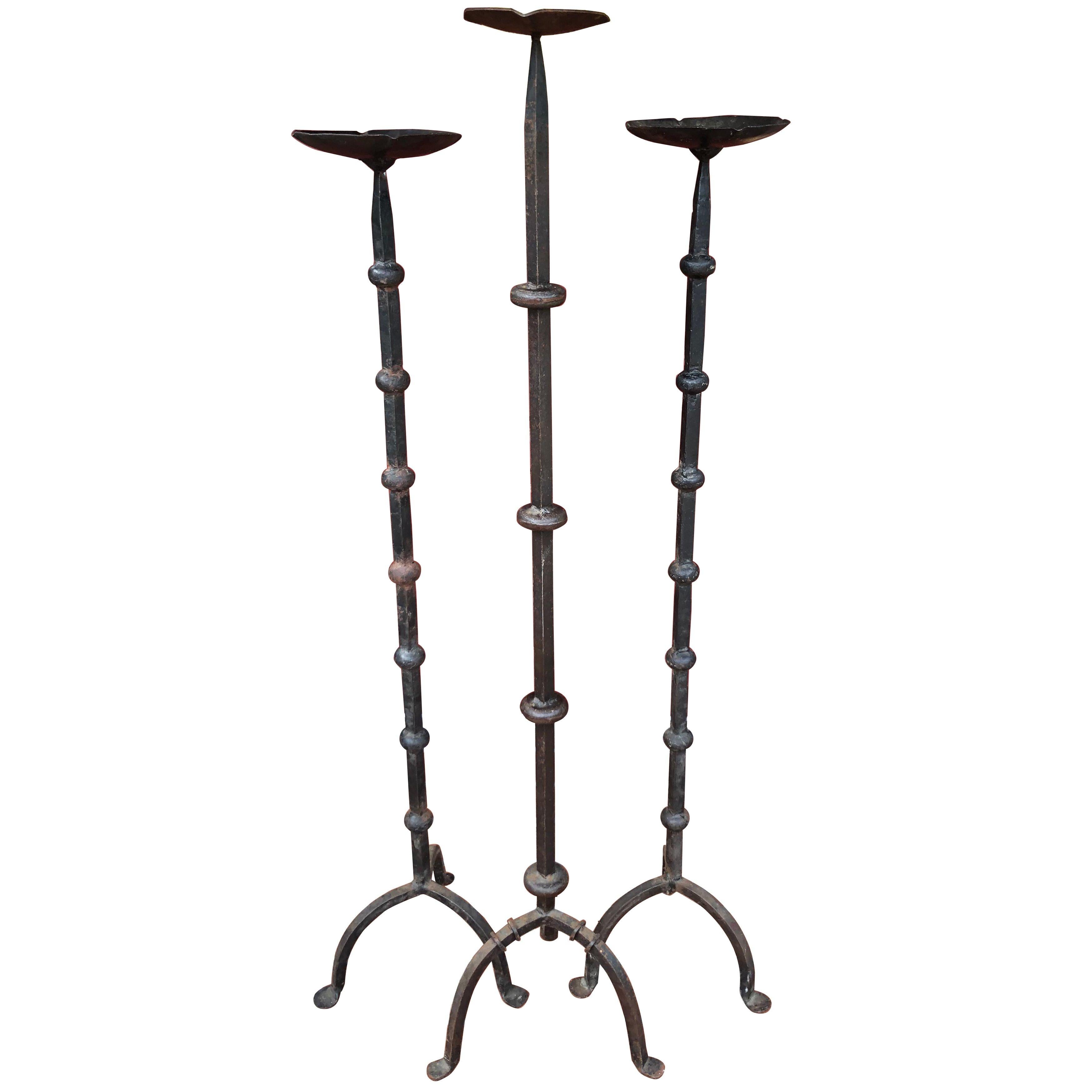 Set of Three Hand-Wrought Iron Altar Floor Candle Stands