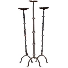 Antique Set of Three Hand-Wrought Iron Altar Floor Candle Stands