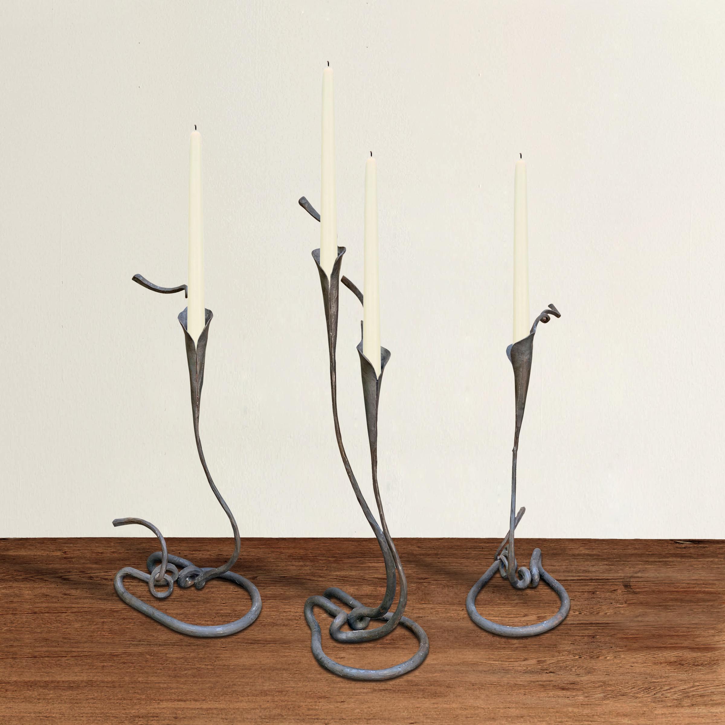 A beautiful set of three handwrought iron calla lily candlesticks with two single and one double flowers. Each has a wonderfully twisted foot and tendrils adding to the naturalistic design.