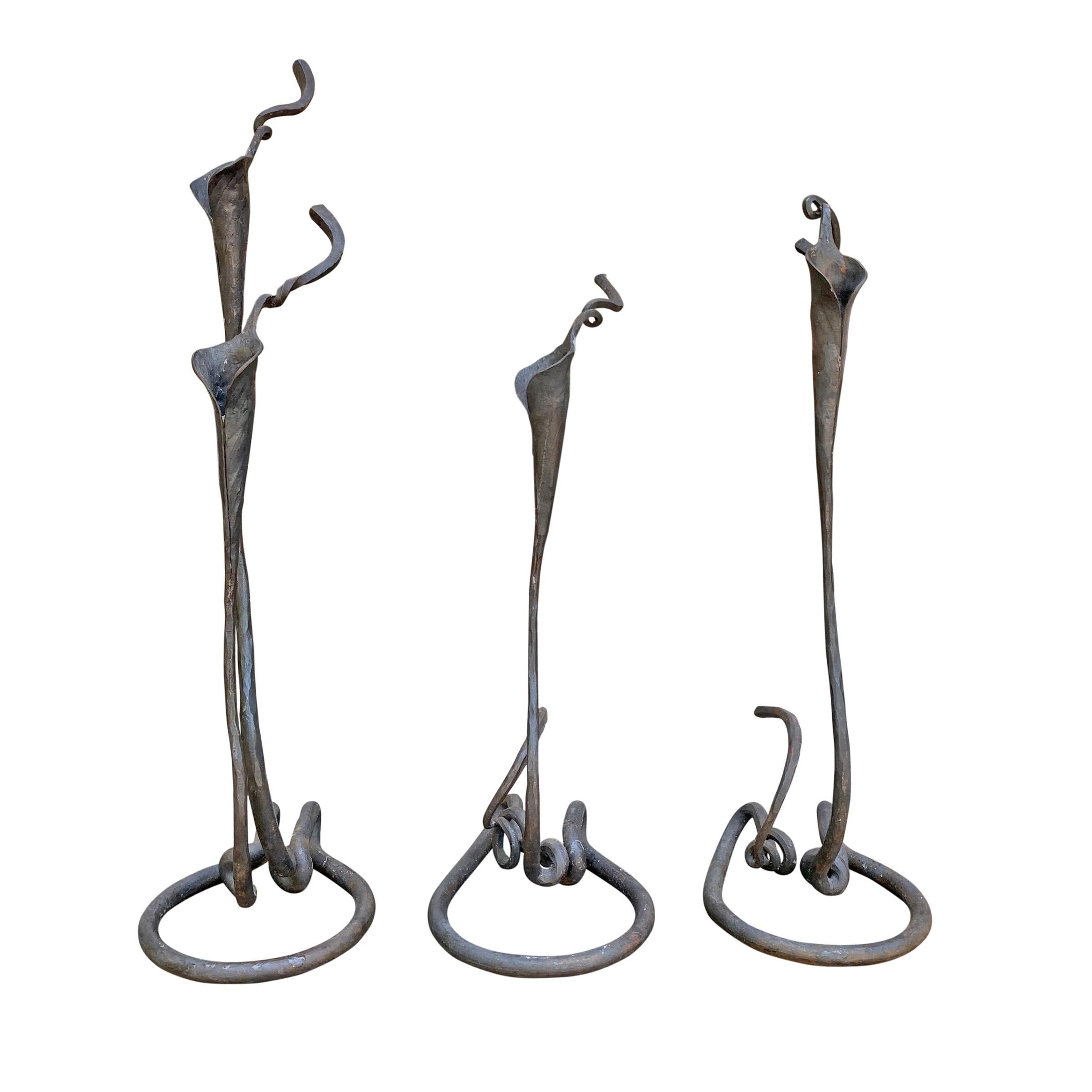Aesthetic Movement Set of Three Handwrought Iron Calla Lily Candlesticks