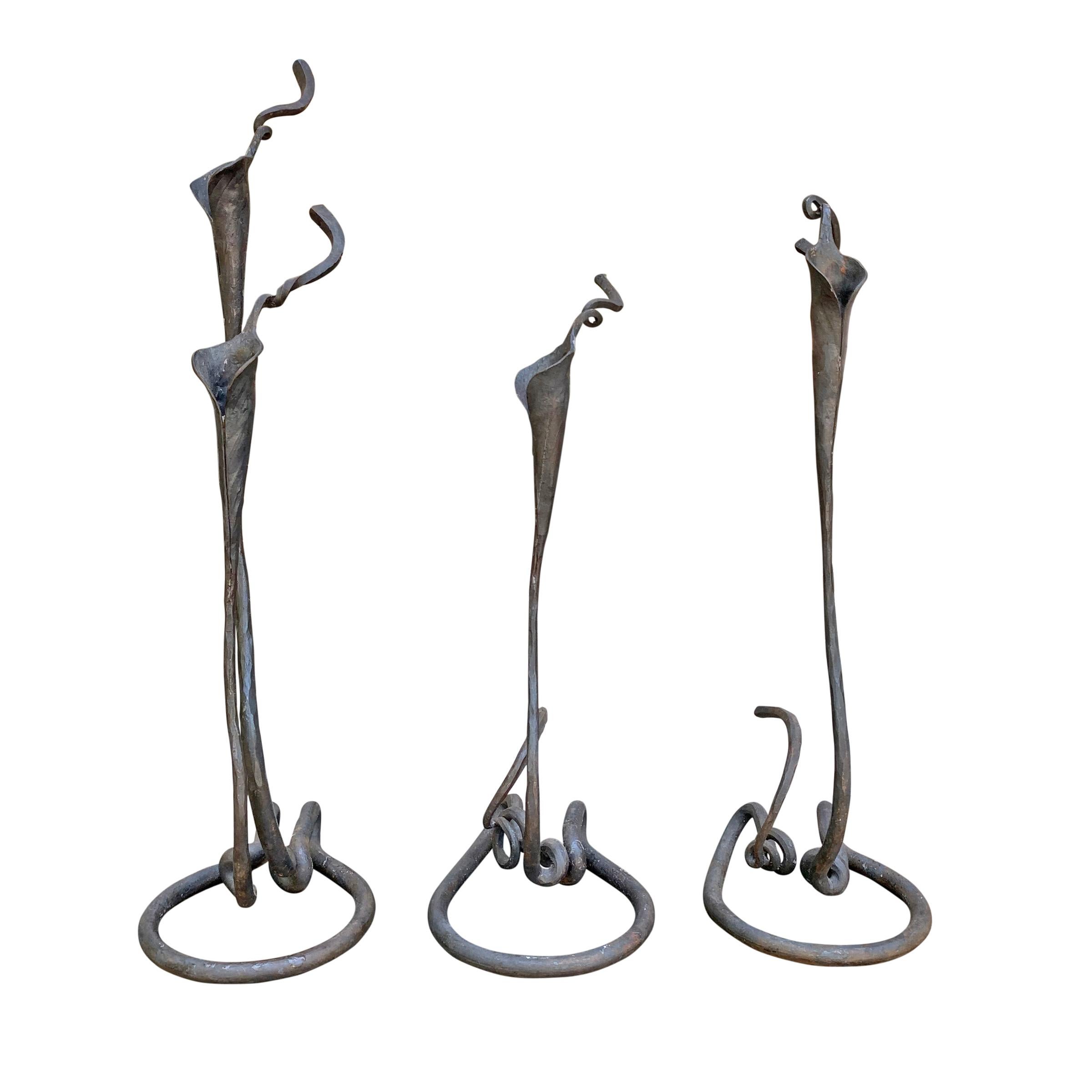 Aesthetic Movement Set of Three Handwrought Iron Calla Lily Candlesticks