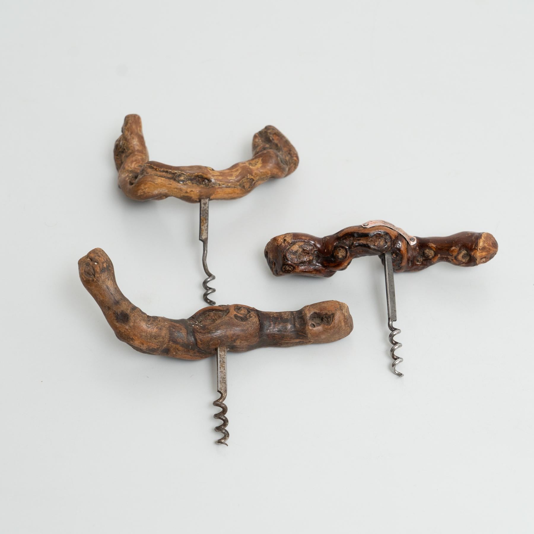 Brutalist Set of Three Handcrafted 1930s French Vine Wood Corkscrews by Laurent Siret For Sale