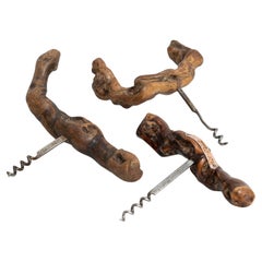 Set of Three Handcrafted 1930s French Vine Wood Corkscrews by Laurent Siret
