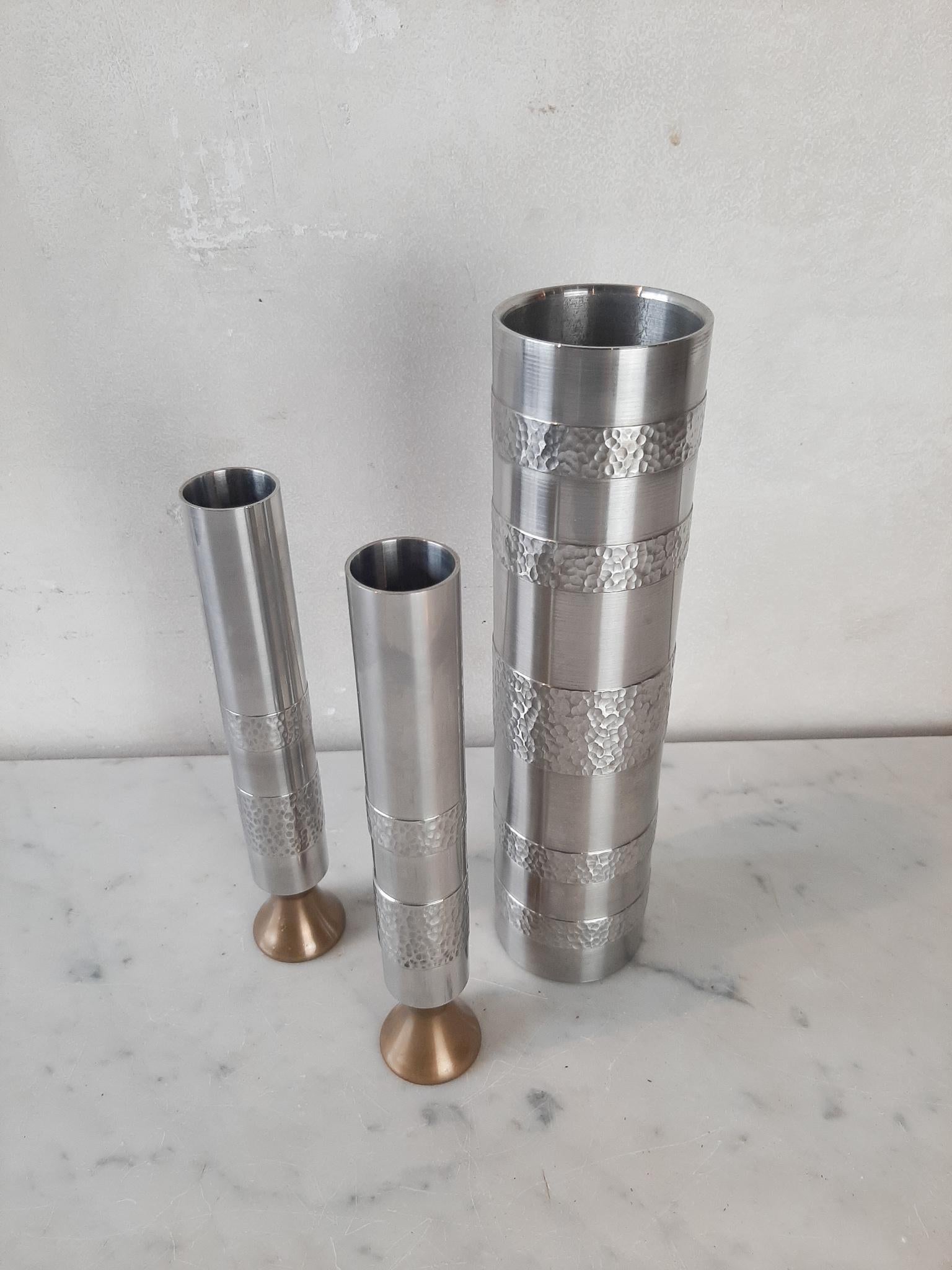 Hand-Crafted Set of Three Handmade Metal Brutalist Vases, Stainless Steel, Germany, 1970s For Sale