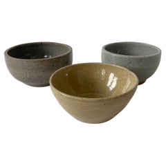 Vintage Set of Three Handmade Studio Pottery Bowls Yellow Gray Blue Marked RL, USA 1960s