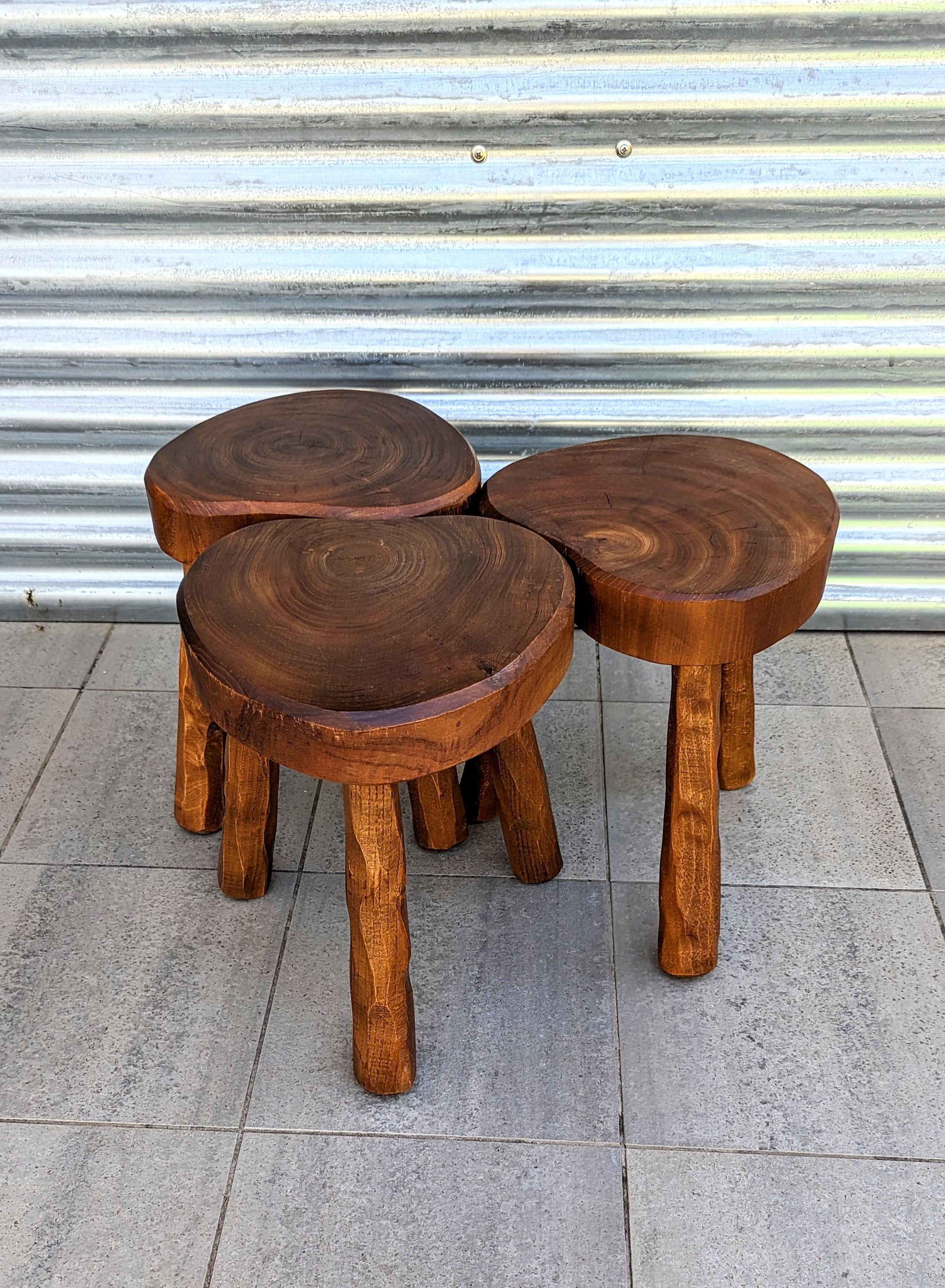 Set of Three Handmade Wooden Stool, France, 1960s 2