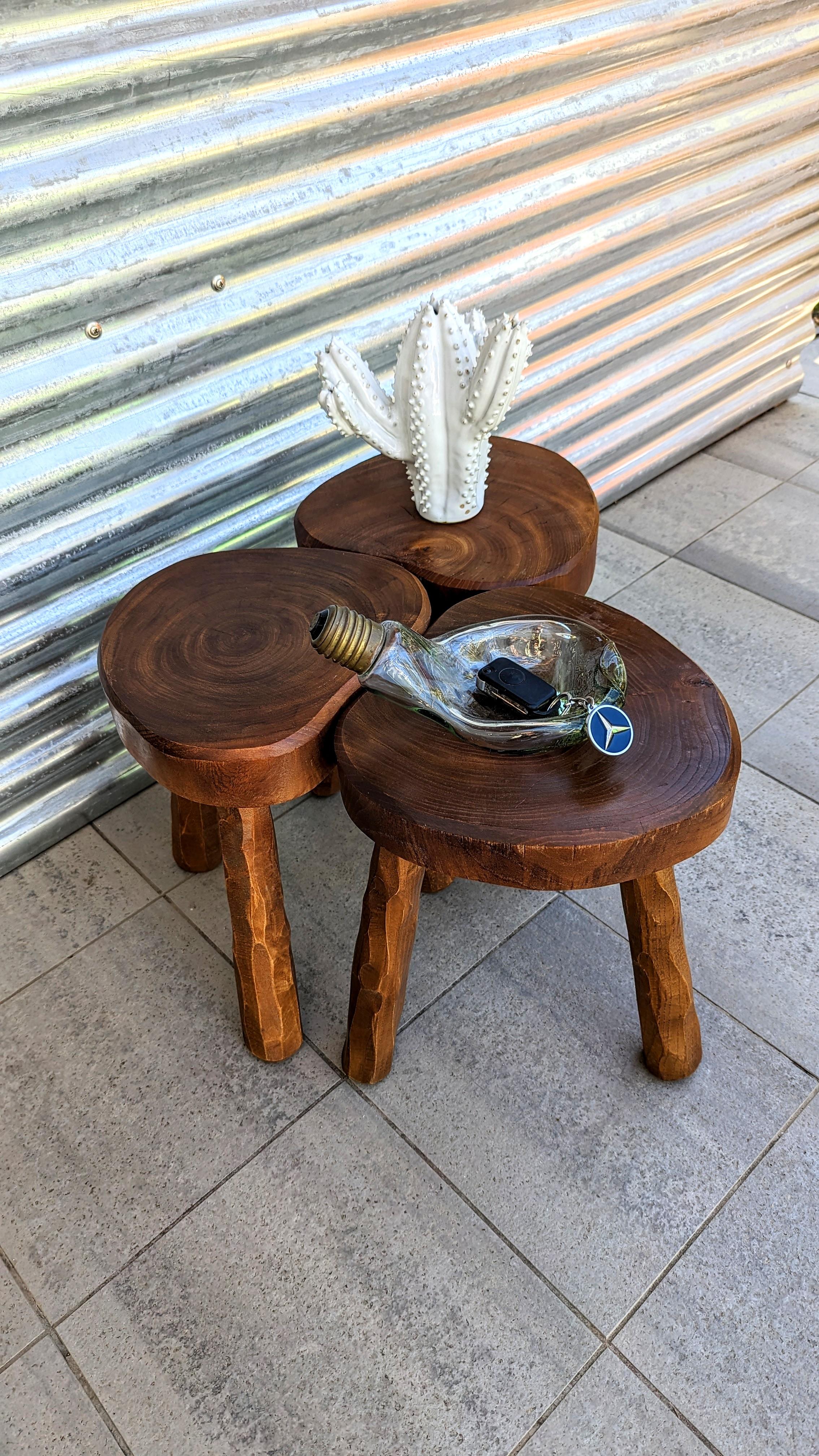 Set of Three Handmade Wooden Stool, France, 1960s 4