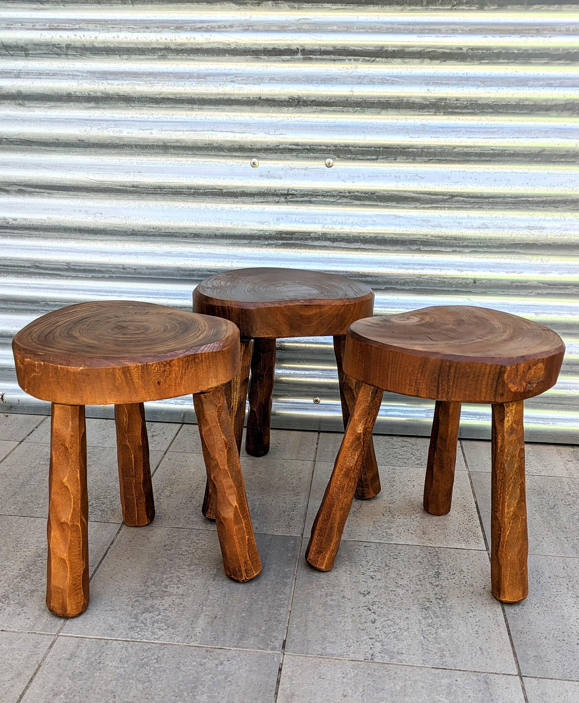 Set of Three Handmade Wooden Stool, France, 1960s 7