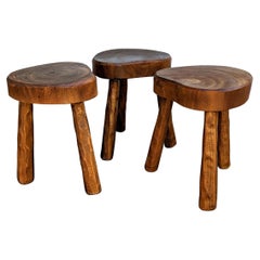 Set of Three Handmade Wooden Stool, France, 1960s