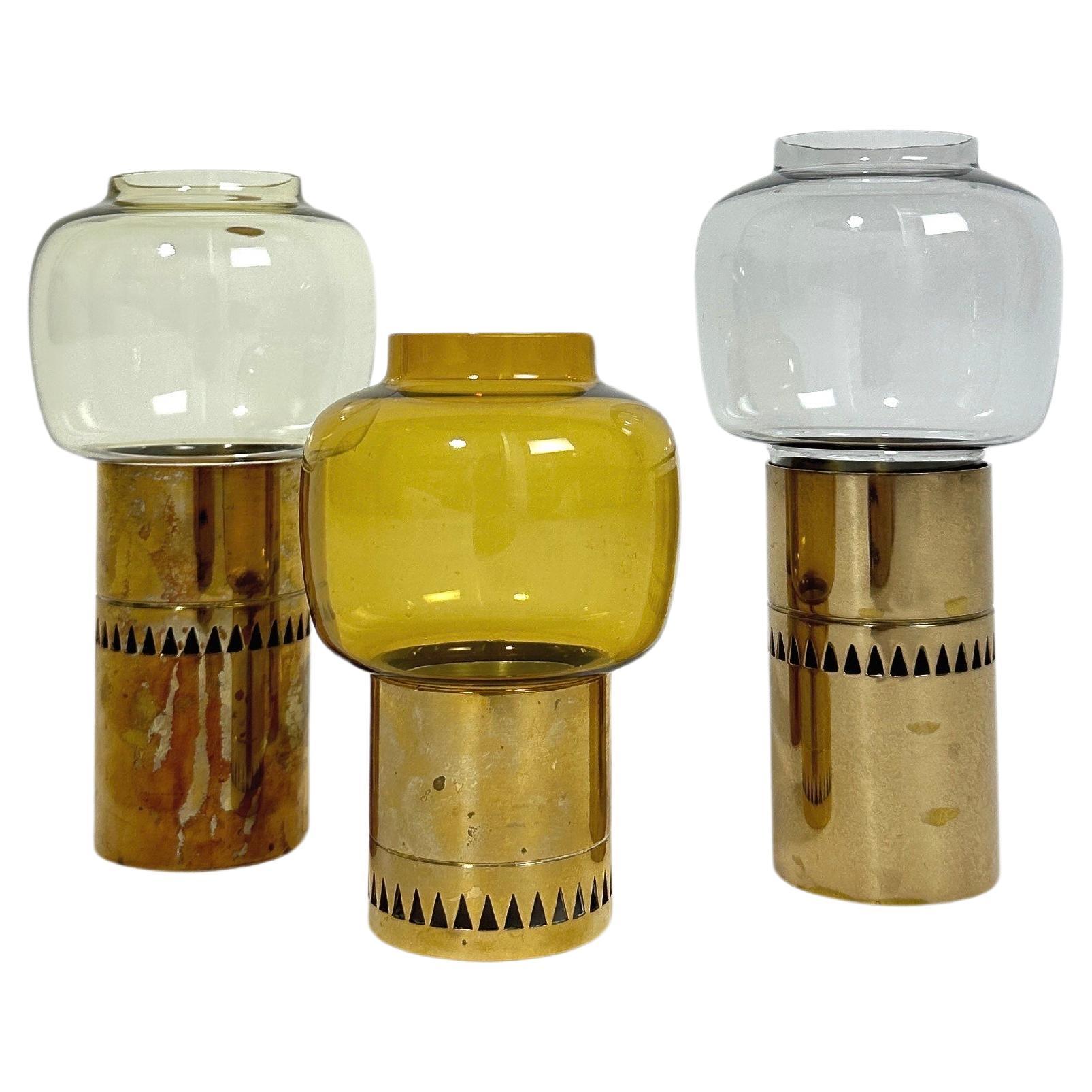 Set of Three Hans Agne Jakobsson Candle Holders Brass & Glass Hurricane Sweden