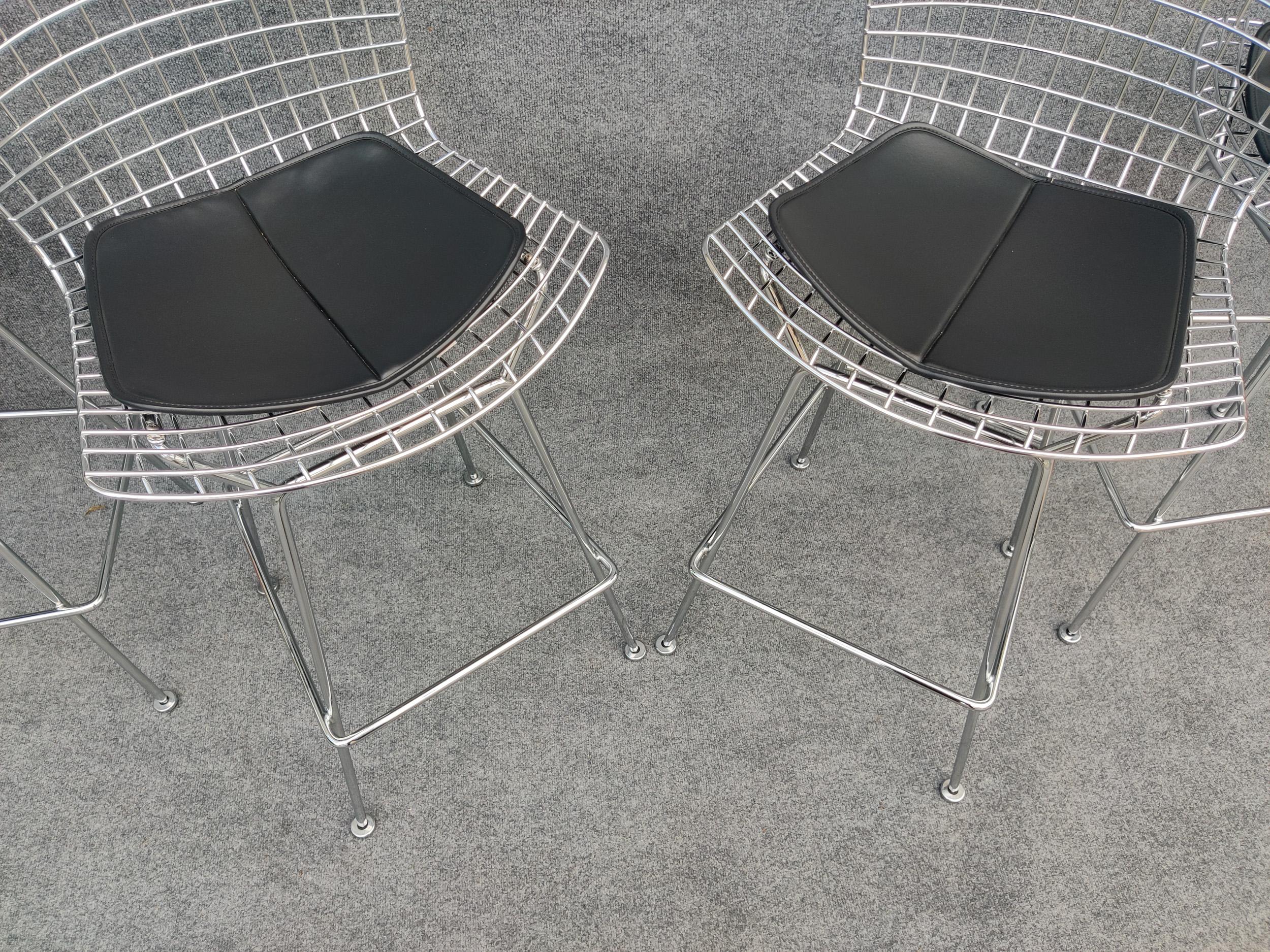 Set of Three Harry Bertoia for Knoll Barstool in Chrome & Black Leatherette For Sale 6