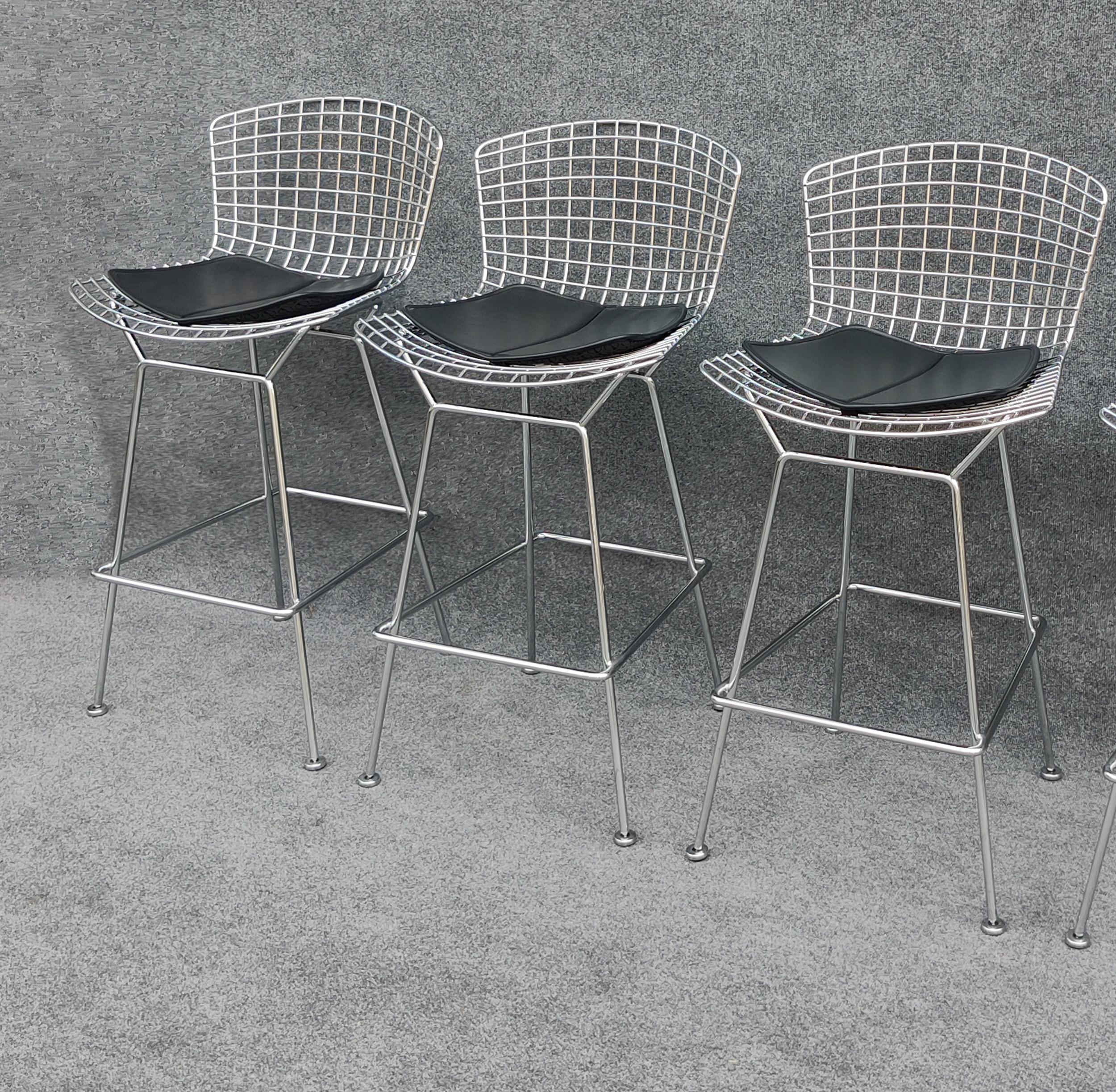 Set of Three Harry Bertoia for Knoll Barstool in Chrome & Black Leatherette For Sale 8