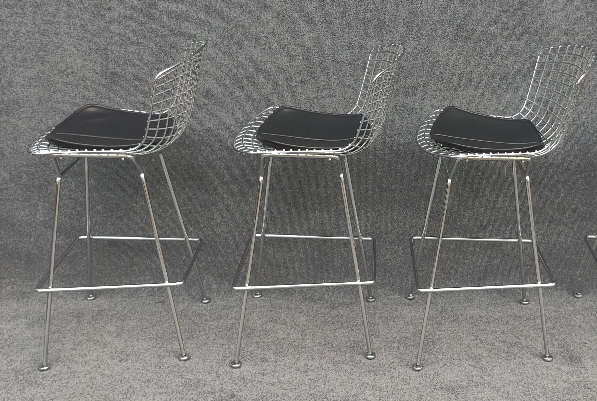 Set of Three Harry Bertoia for Knoll Barstool in Chrome & Black Leatherette For Sale 10